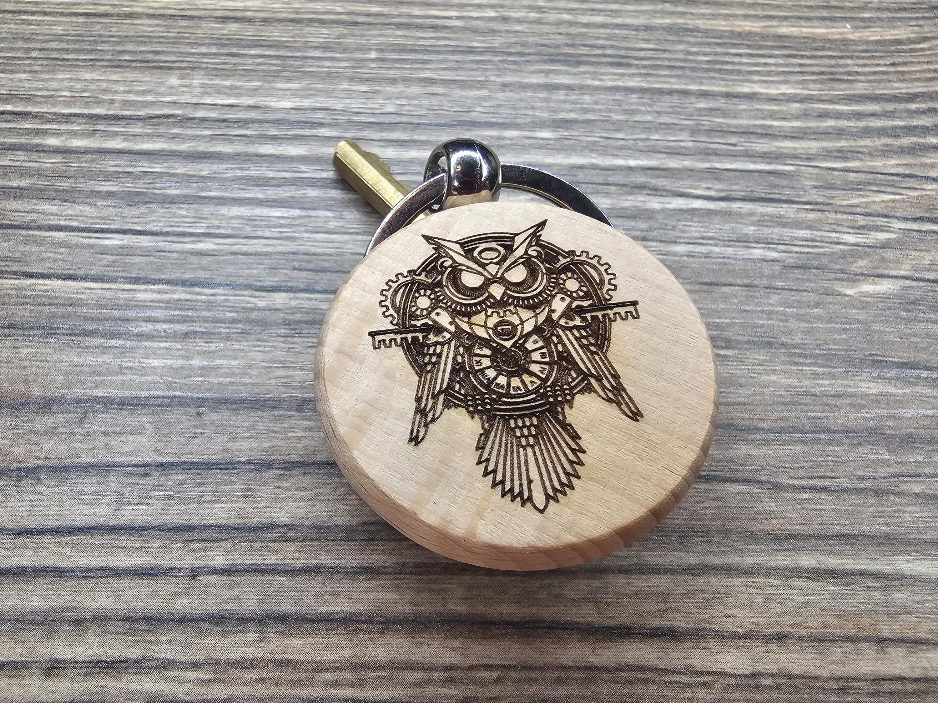 Steampunk owl keychain / bag charm: laser engraved hardwood, stainless steel keyring