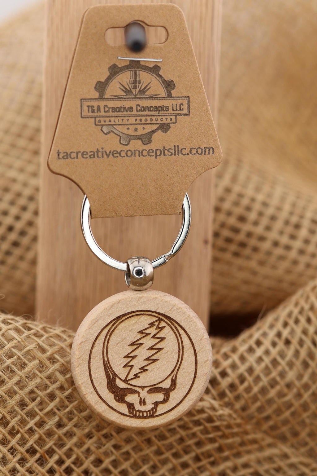 Grateful Dead steal your face keychain / bag charm – double-sided laser engraved wood with stainless steel keyring, music fan gift