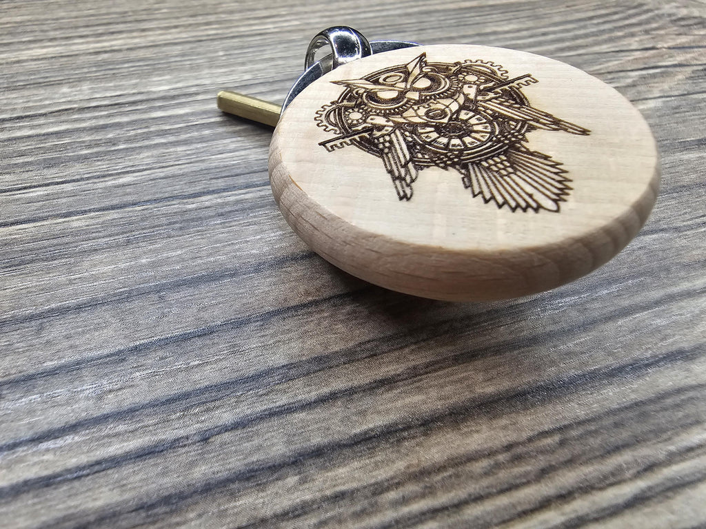 Steampunk owl keychain / bag charm: laser engraved hardwood, stainless steel keyring