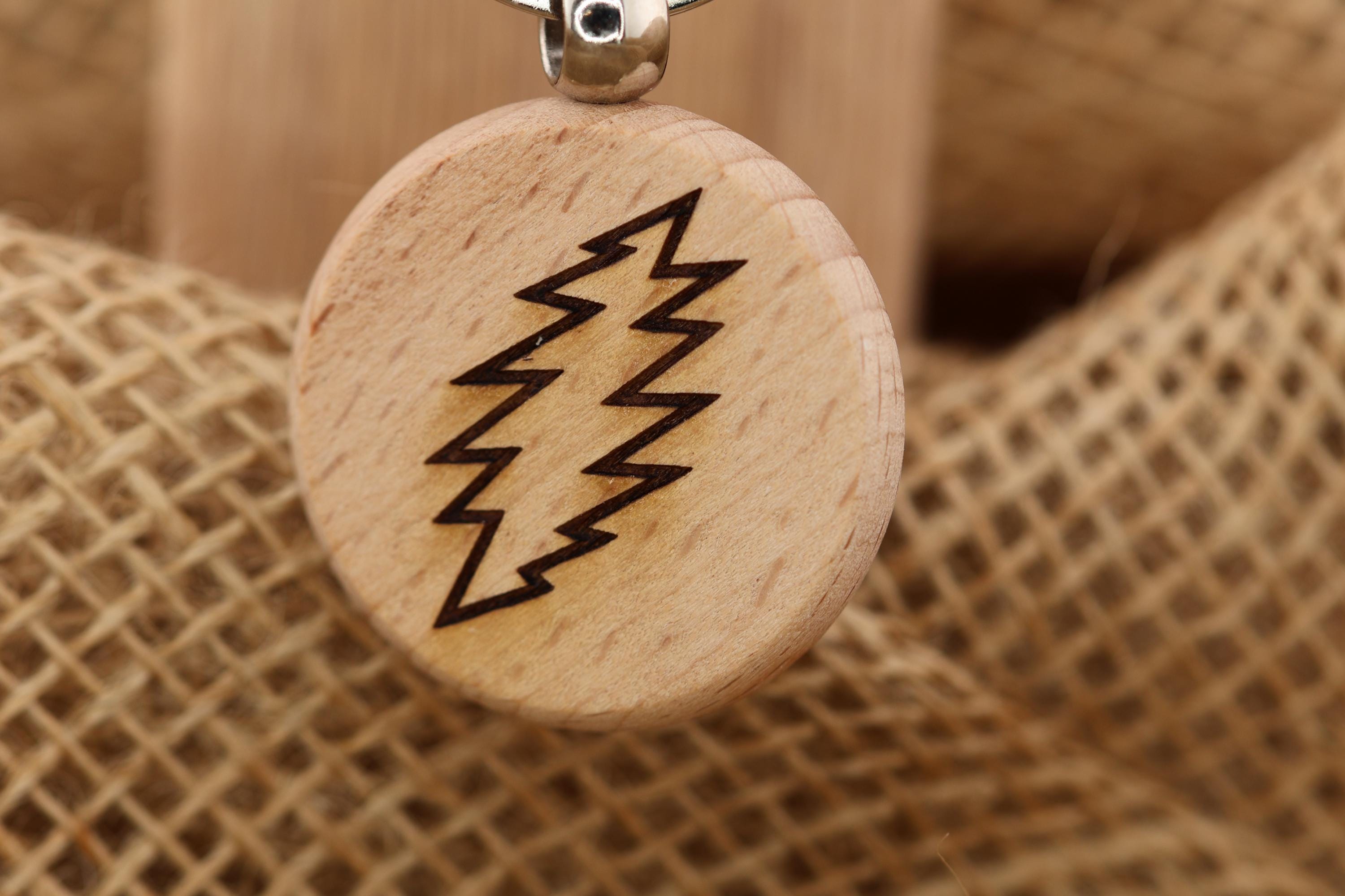 Grateful dead 13 point bolt keychain / bag charm – double-sided laser engraved wood with stainless steel keyring, music fan gift