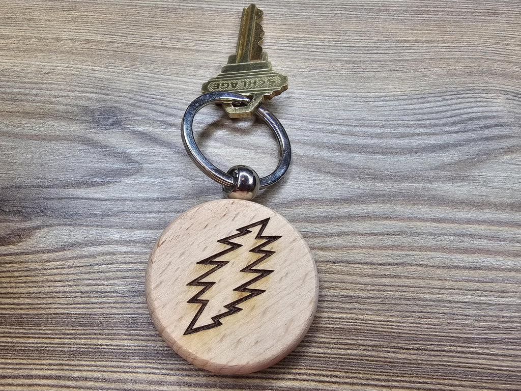 Grateful dead 13 point bolt keychain / bag charm – double-sided laser engraved wood with stainless steel keyring, music fan gift