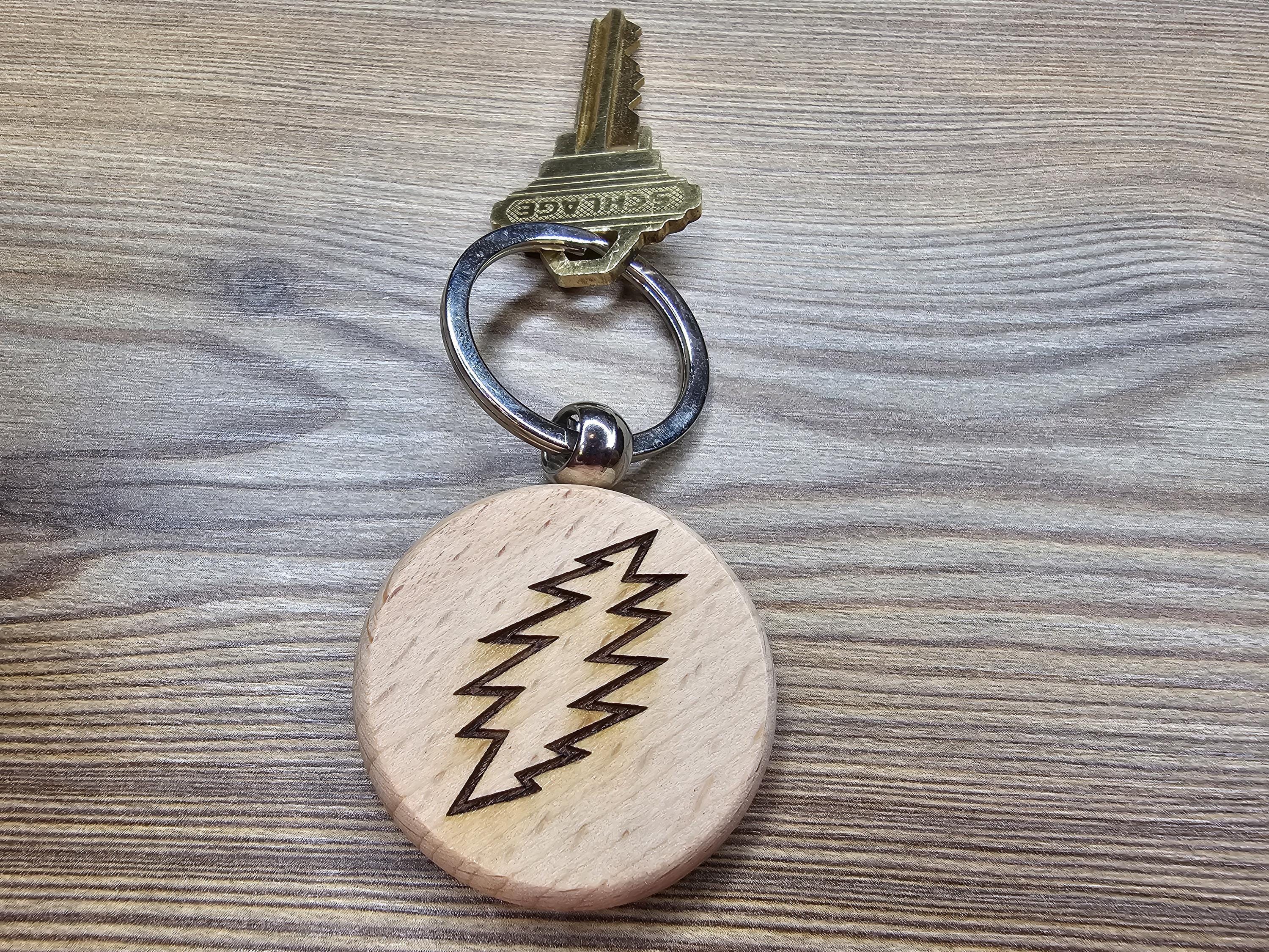 Grateful dead 13 point bolt keychain / bag charm – double-sided laser engraved wood with stainless steel keyring, music fan gift
