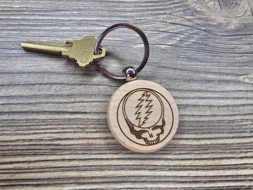 Grateful Dead steal your face keychain / bag charm – double-sided laser engraved wood with stainless steel keyring, music fan gift