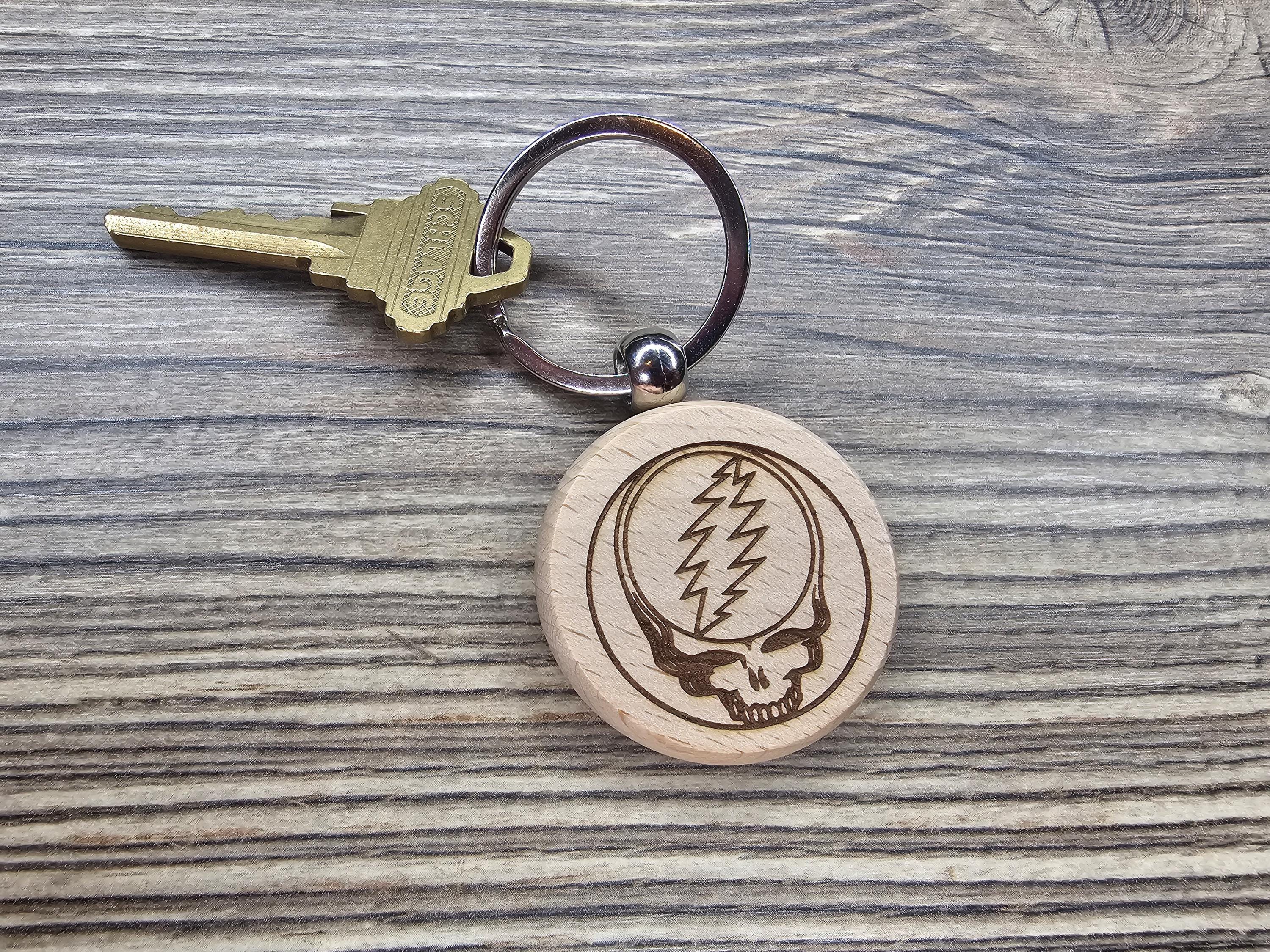 Grateful Dead steal your face keychain / bag charm – double-sided laser engraved wood with stainless steel keyring, music fan gift