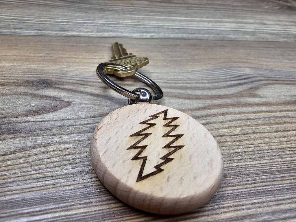 Grateful dead 13 point bolt keychain / bag charm – double-sided laser engraved wood with stainless steel keyring, music fan gift
