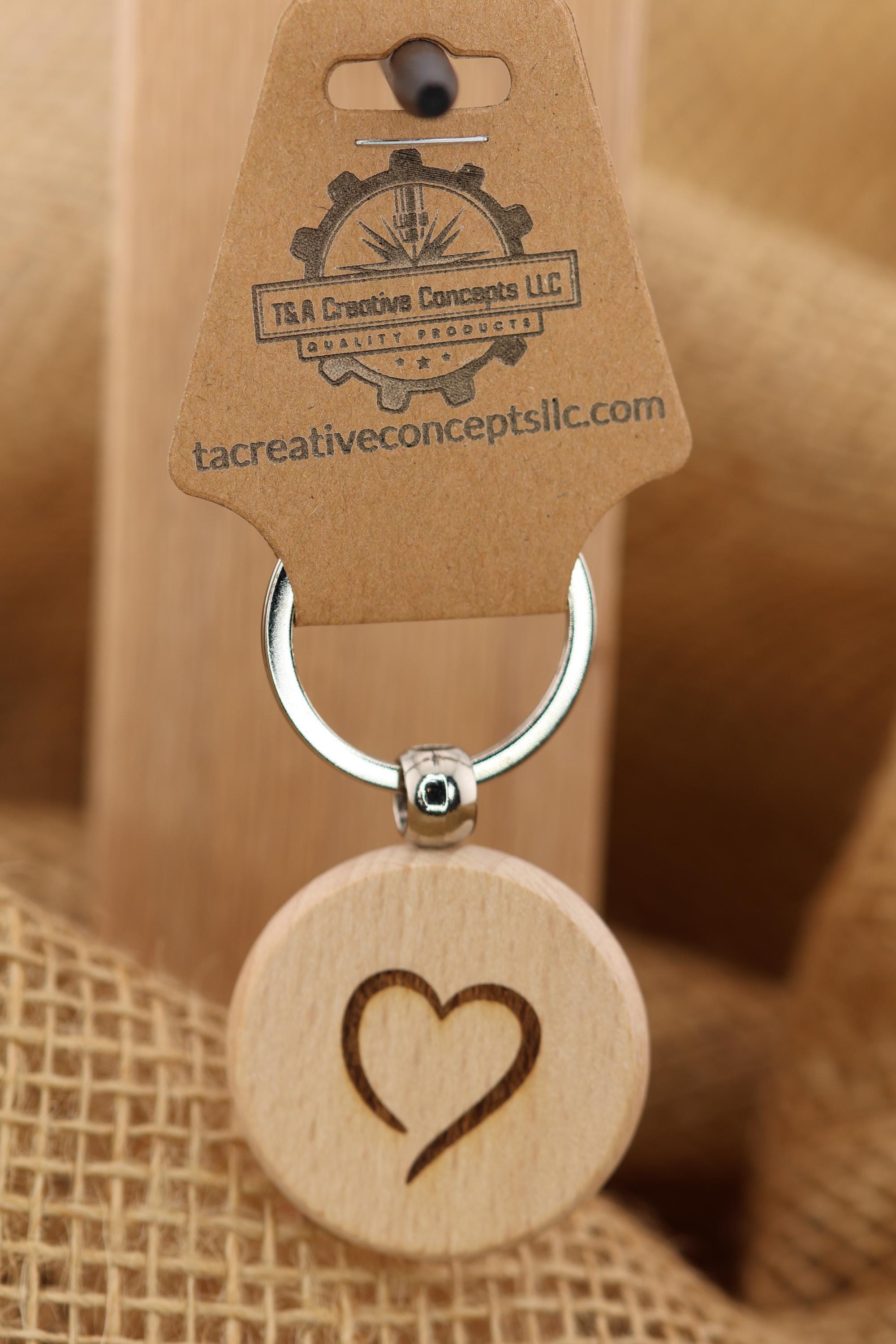 Laser engraved heart keychain / bag charm: hardwood with stainless steel keyring