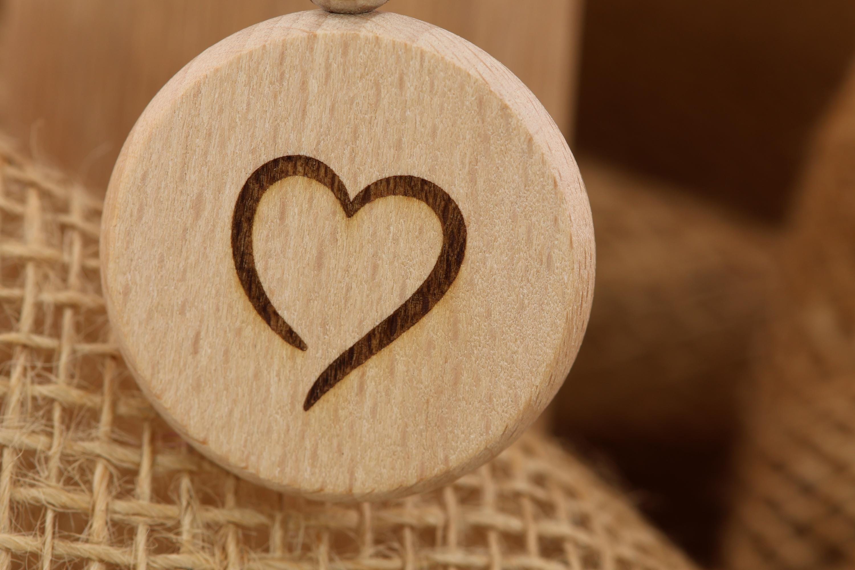 Laser engraved heart keychain / bag charm: hardwood with stainless steel keyring