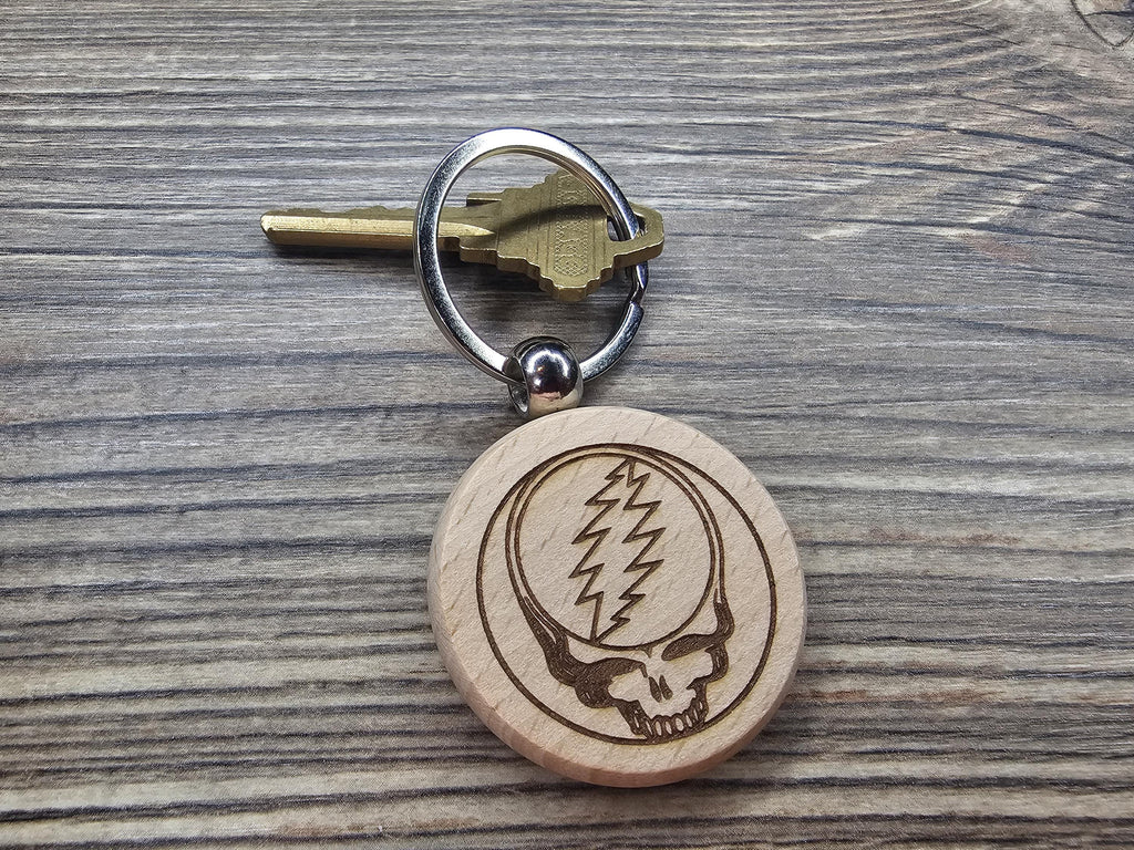Grateful Dead steal your face keychain / bag charm – double-sided laser engraved wood with stainless steel keyring, music fan gift