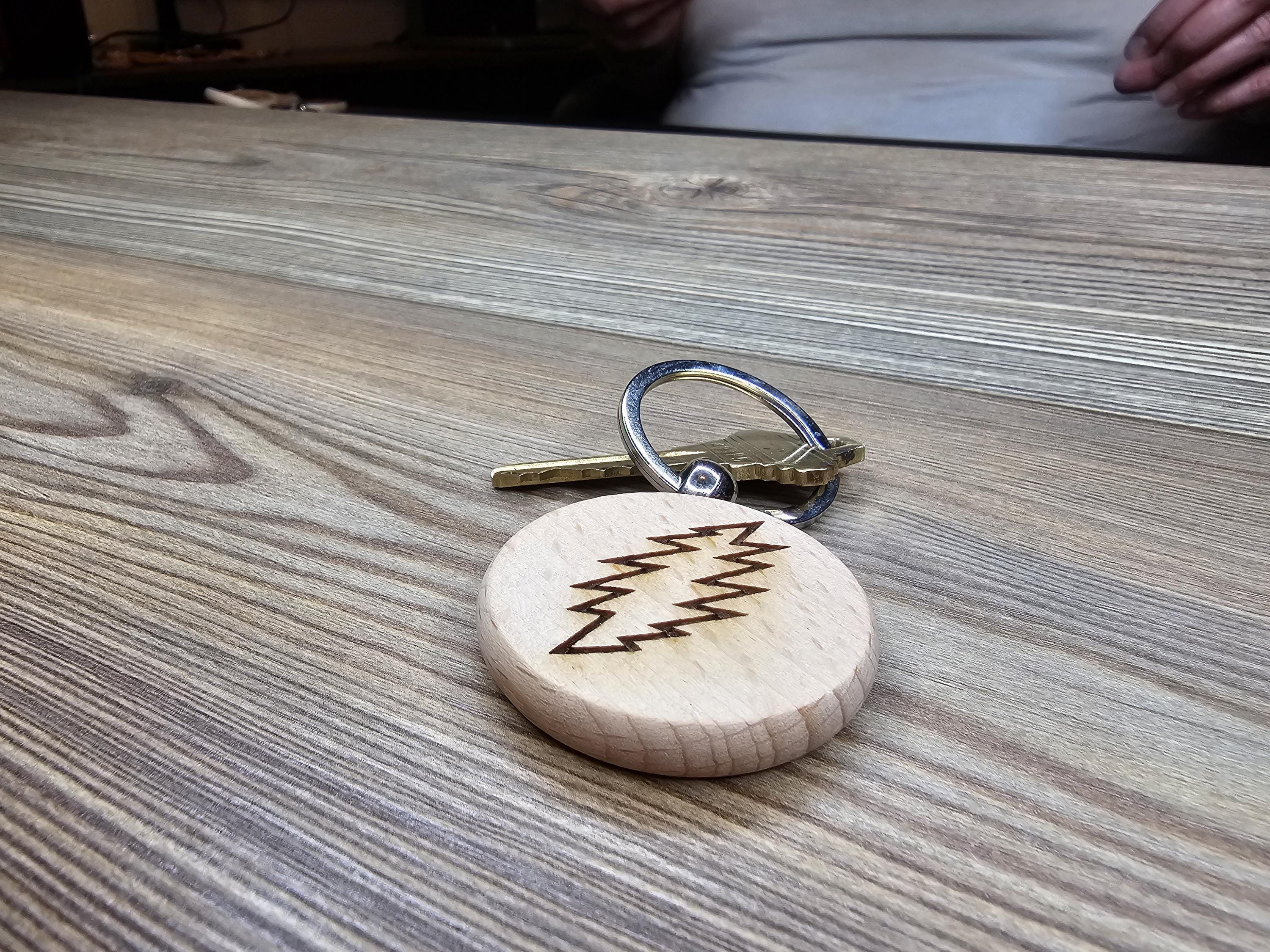 Grateful dead 13 point bolt keychain / bag charm – double-sided laser engraved wood with stainless steel keyring, music fan gift
