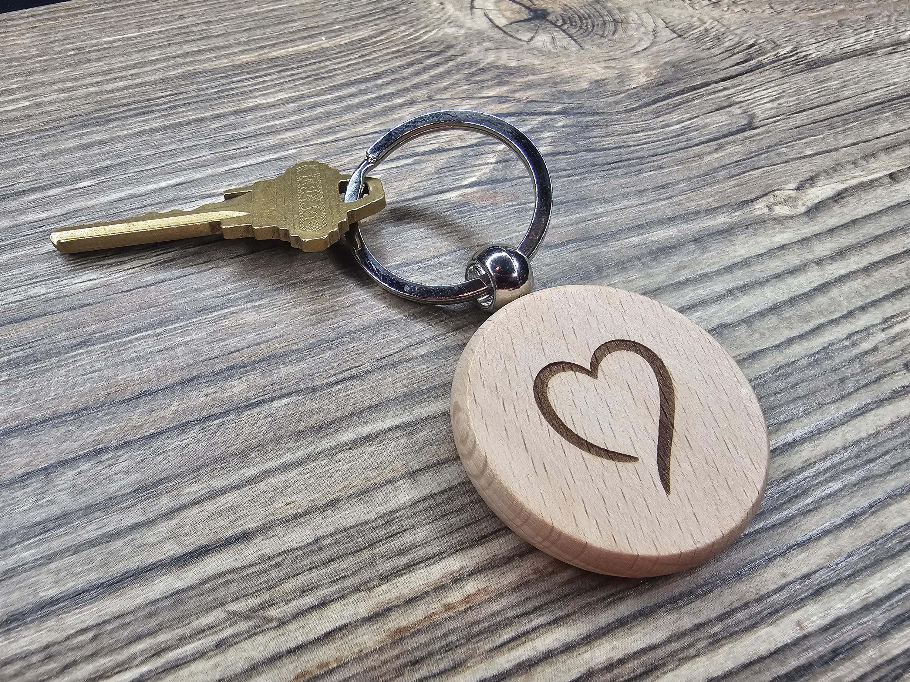 Laser engraved heart keychain / bag charm: hardwood with stainless steel keyring