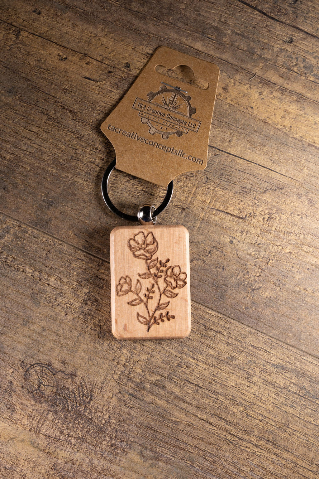 Laser Engraved Wood Floral Bunch Keychain / Bag Charm – Hardwood with Stainless Hardware – Flower Lover Gift