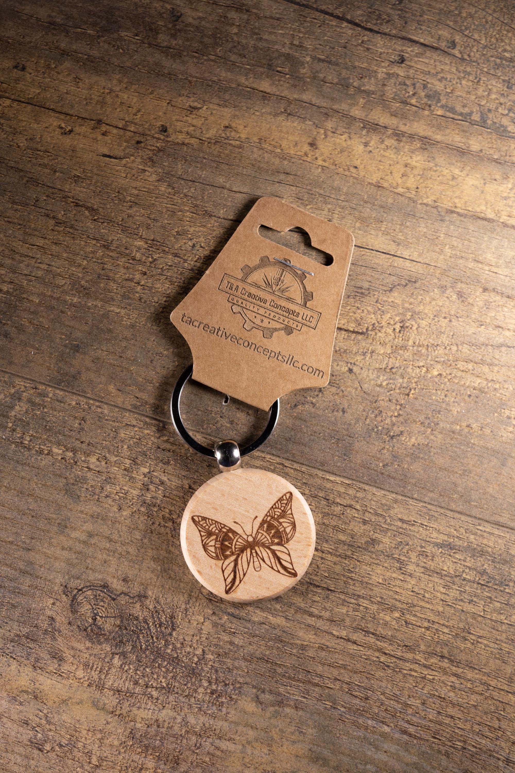 Laser Engraved Wood Butterfly Keychain / Bag Charm – Hardwood with Stainless Hardware – Nature Lover Gift