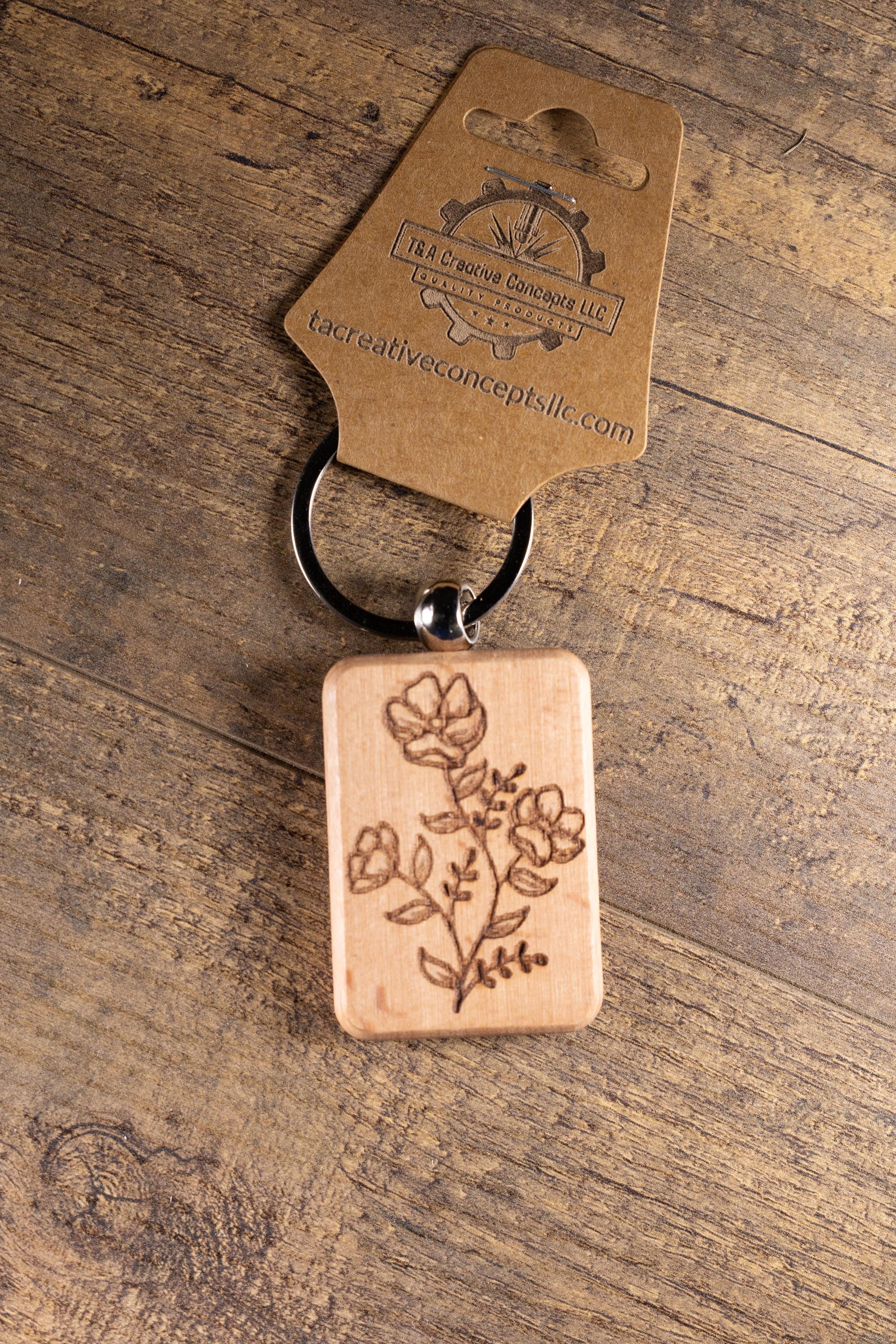Laser Engraved Wood Floral Bunch Keychain / Bag Charm – Hardwood with Stainless Hardware – Flower Lover Gift