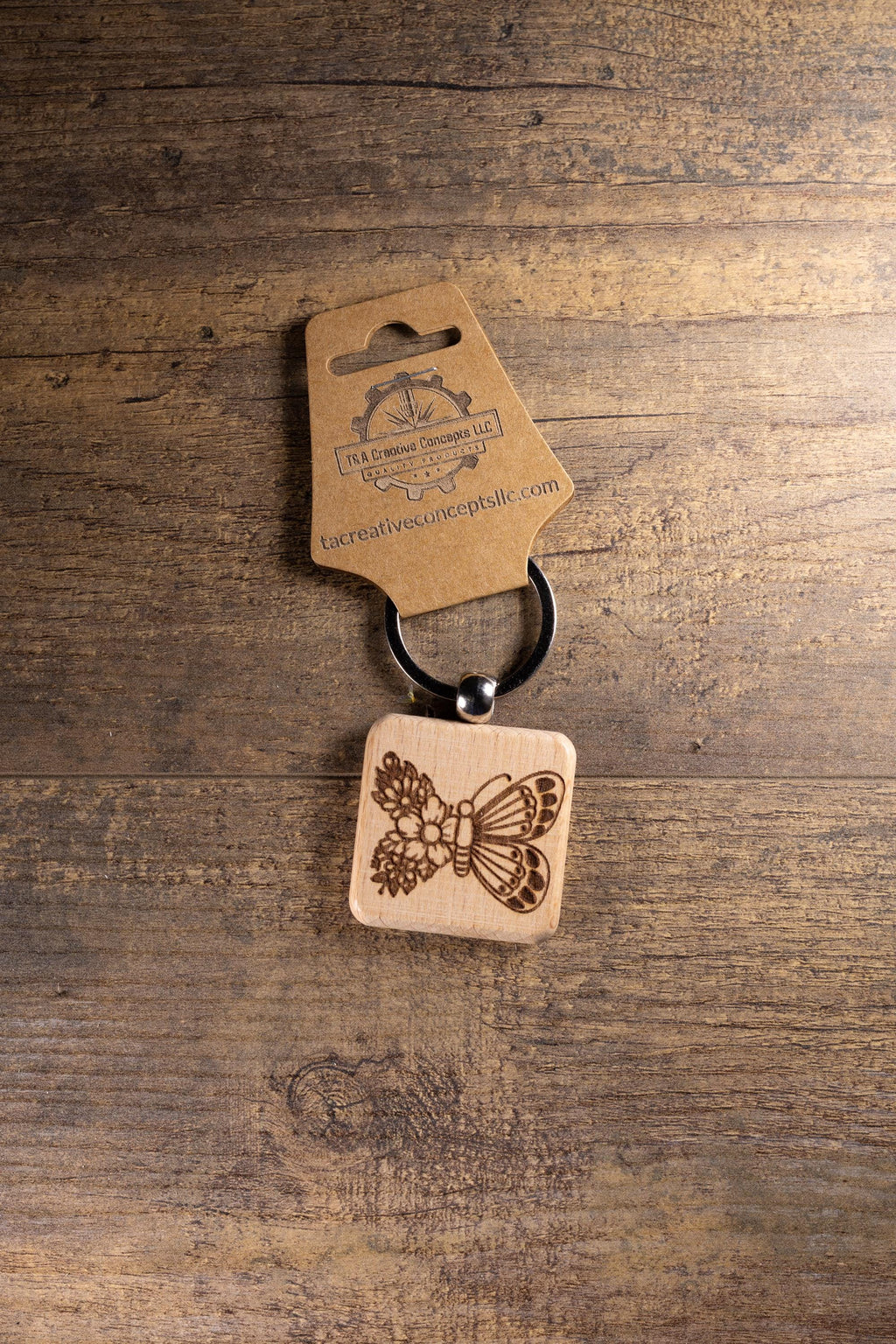 Laser Engraved Wood Floral Butterfly Keychain / Bag Charm – Hardwood with Stainless Hardware – Nature Lover Gift