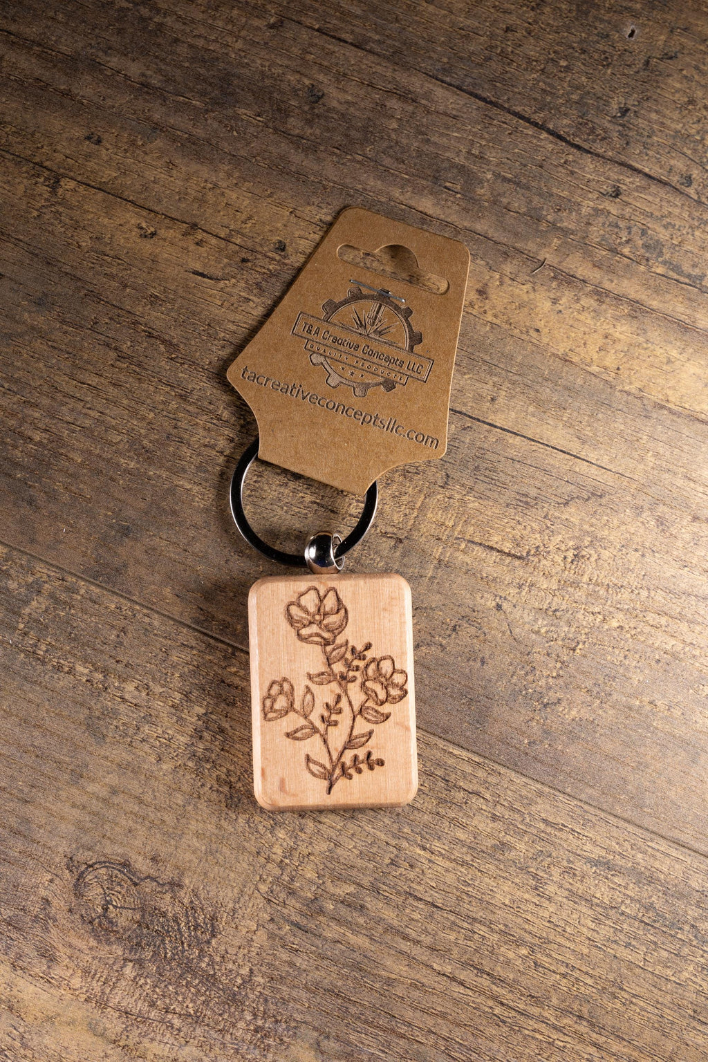 Laser Engraved Wood Floral Bunch Keychain / Bag Charm – Hardwood with Stainless Hardware – Flower Lover Gift