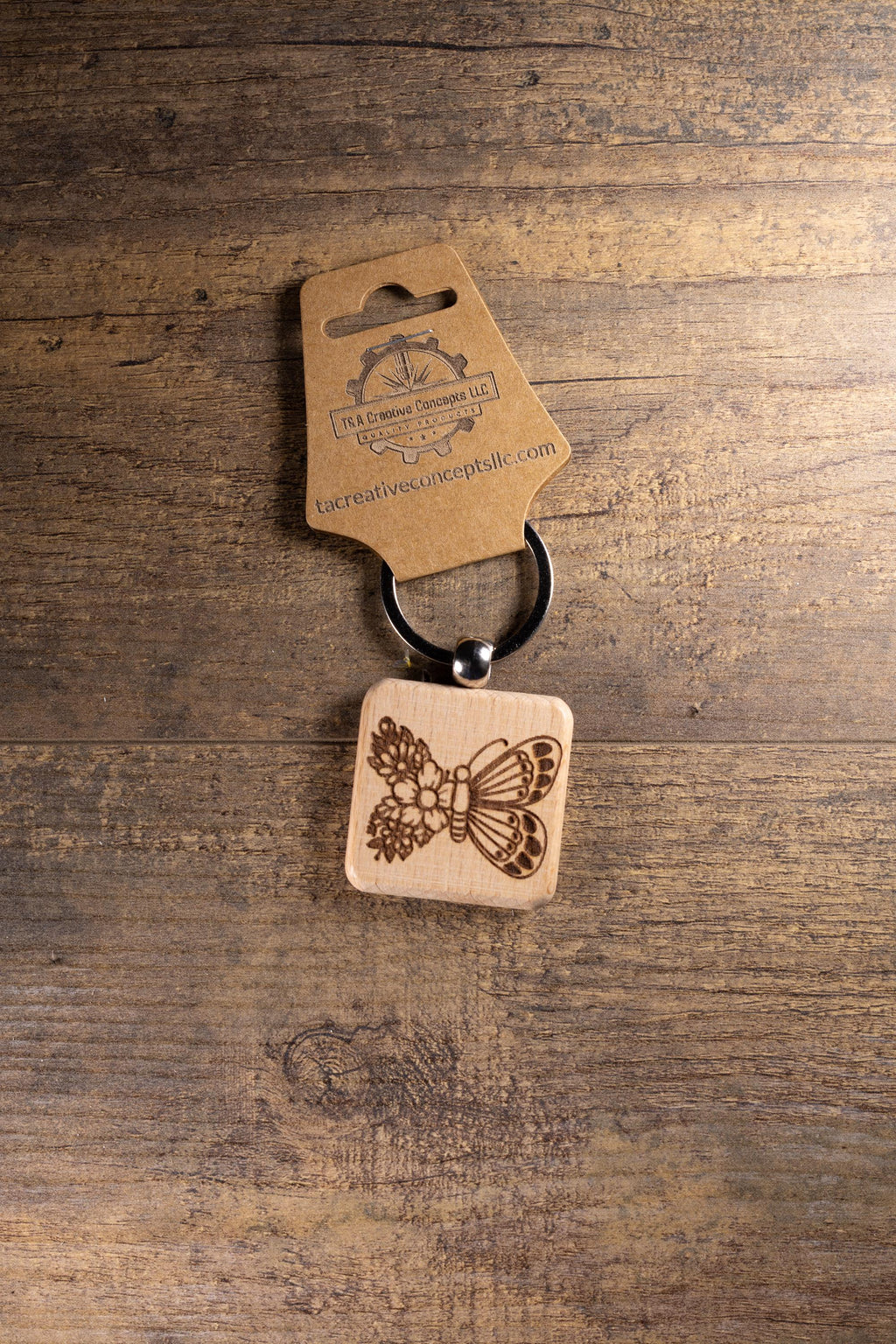 Laser Engraved Wood Floral Butterfly Keychain / Bag Charm – Hardwood with Stainless Hardware – Nature Lover Gift
