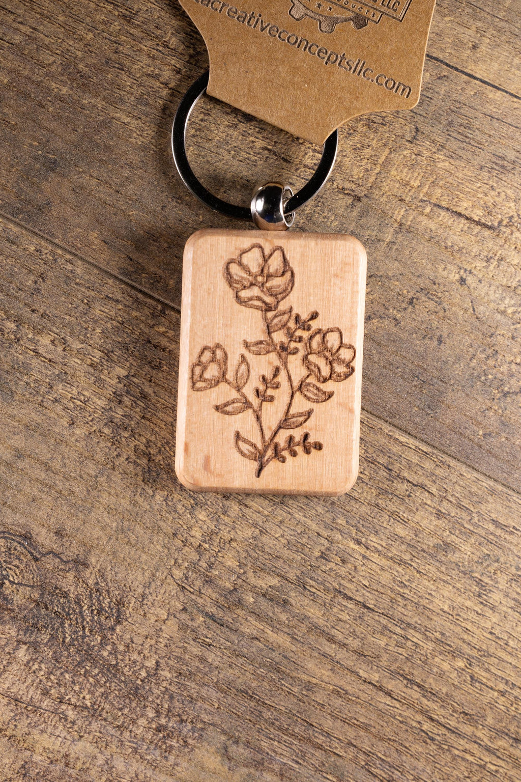 Laser Engraved Wood Floral Bunch Keychain / Bag Charm – Hardwood with Stainless Hardware – Flower Lover Gift