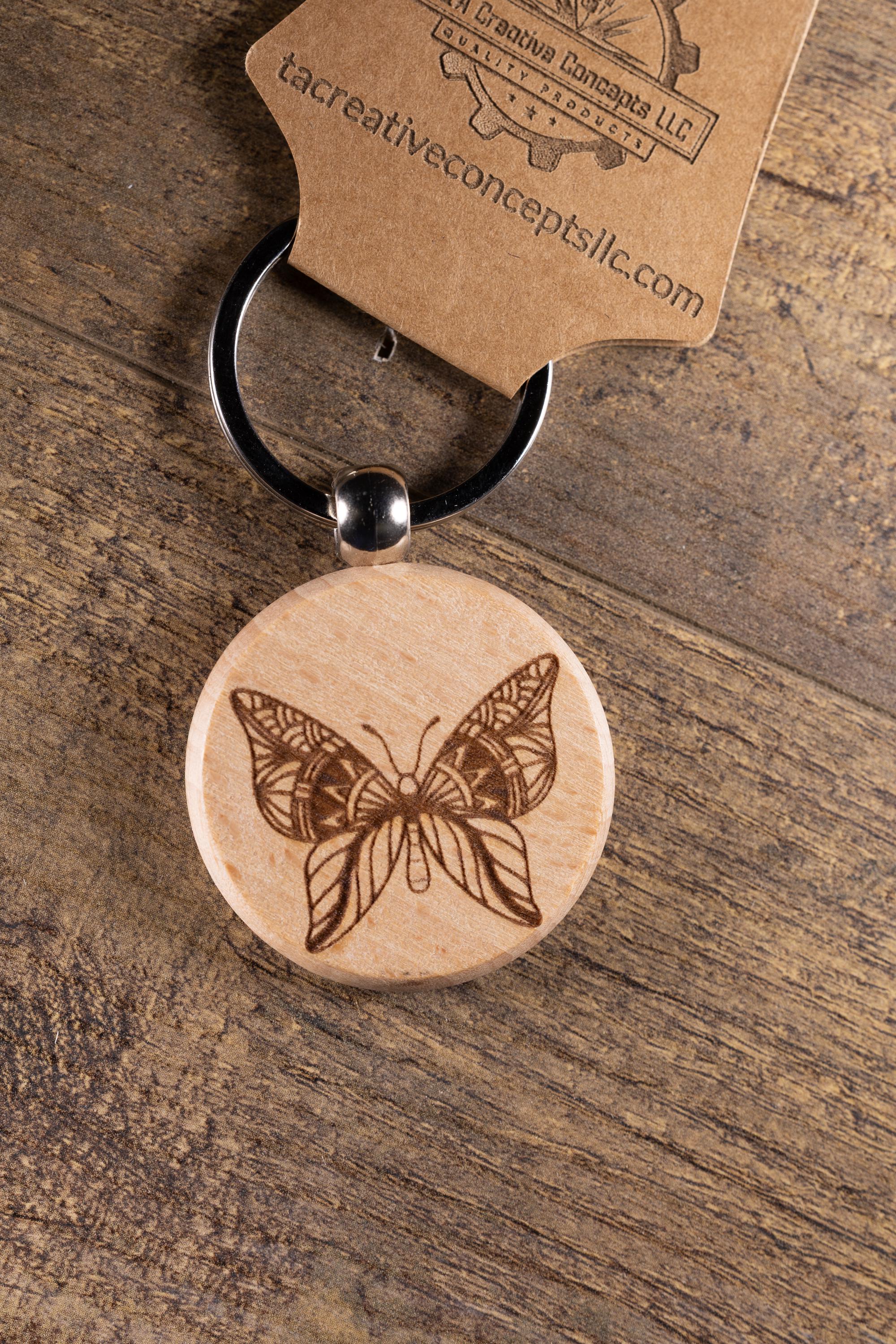 Laser Engraved Wood Butterfly Keychain / Bag Charm – Hardwood with Stainless Hardware – Nature Lover Gift