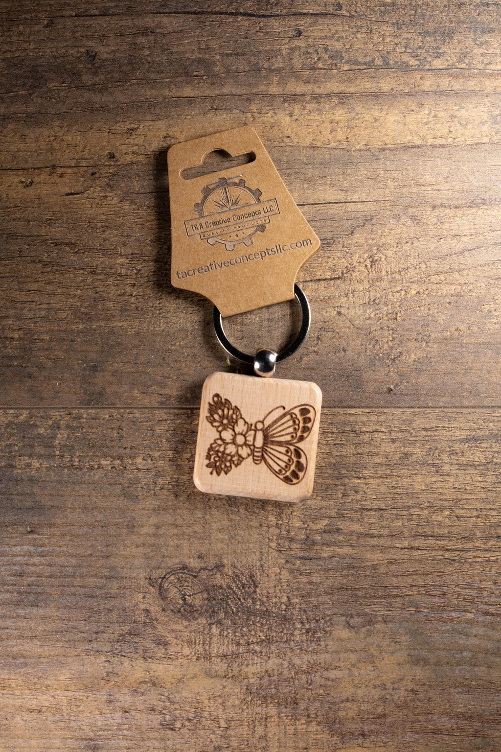 Laser Engraved Wood Floral Butterfly Keychain / Bag Charm – Hardwood with Stainless Hardware – Nature Lover Gift