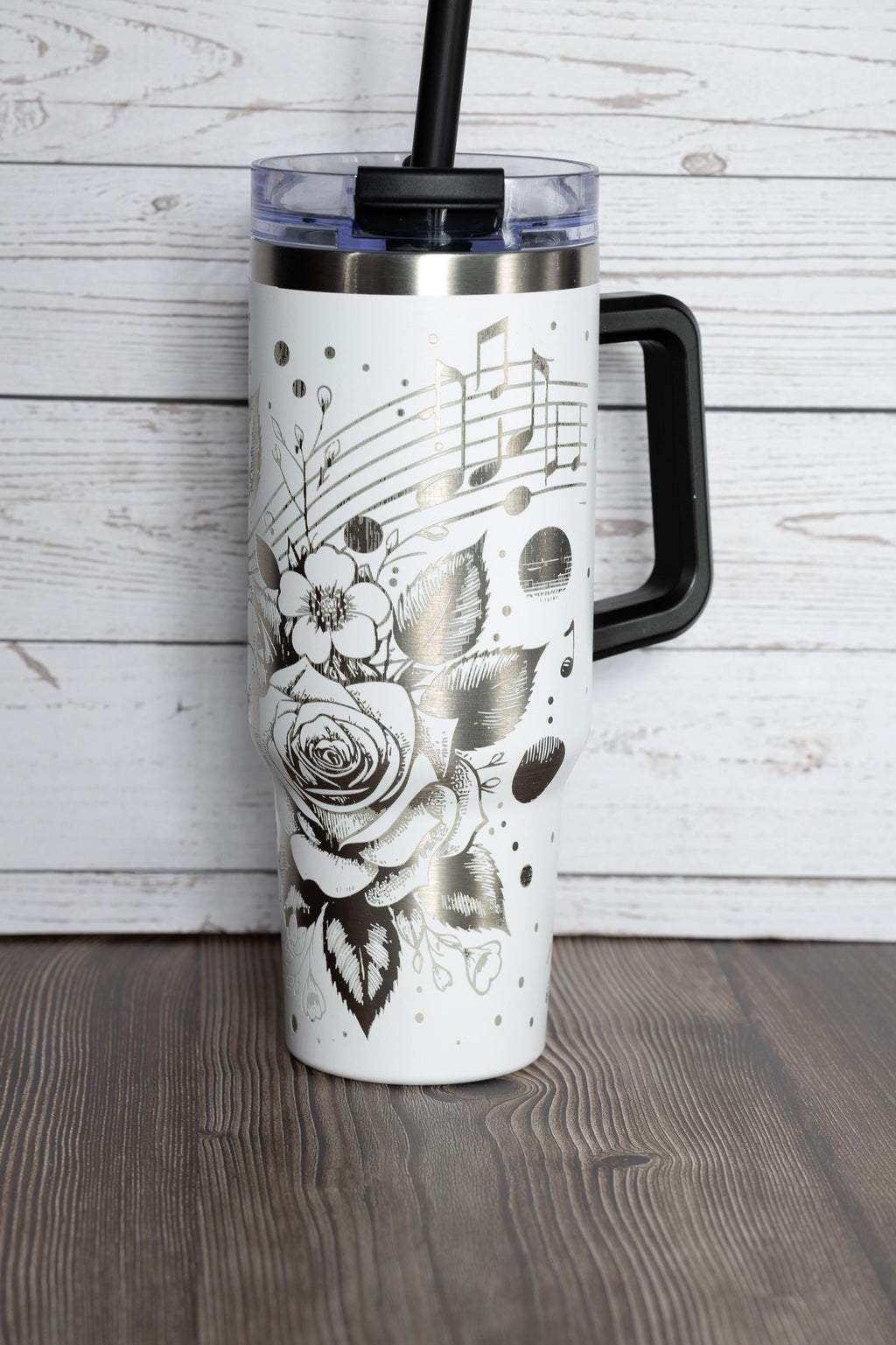 Music and roses tumbler: laser engraved 40oz floral gift