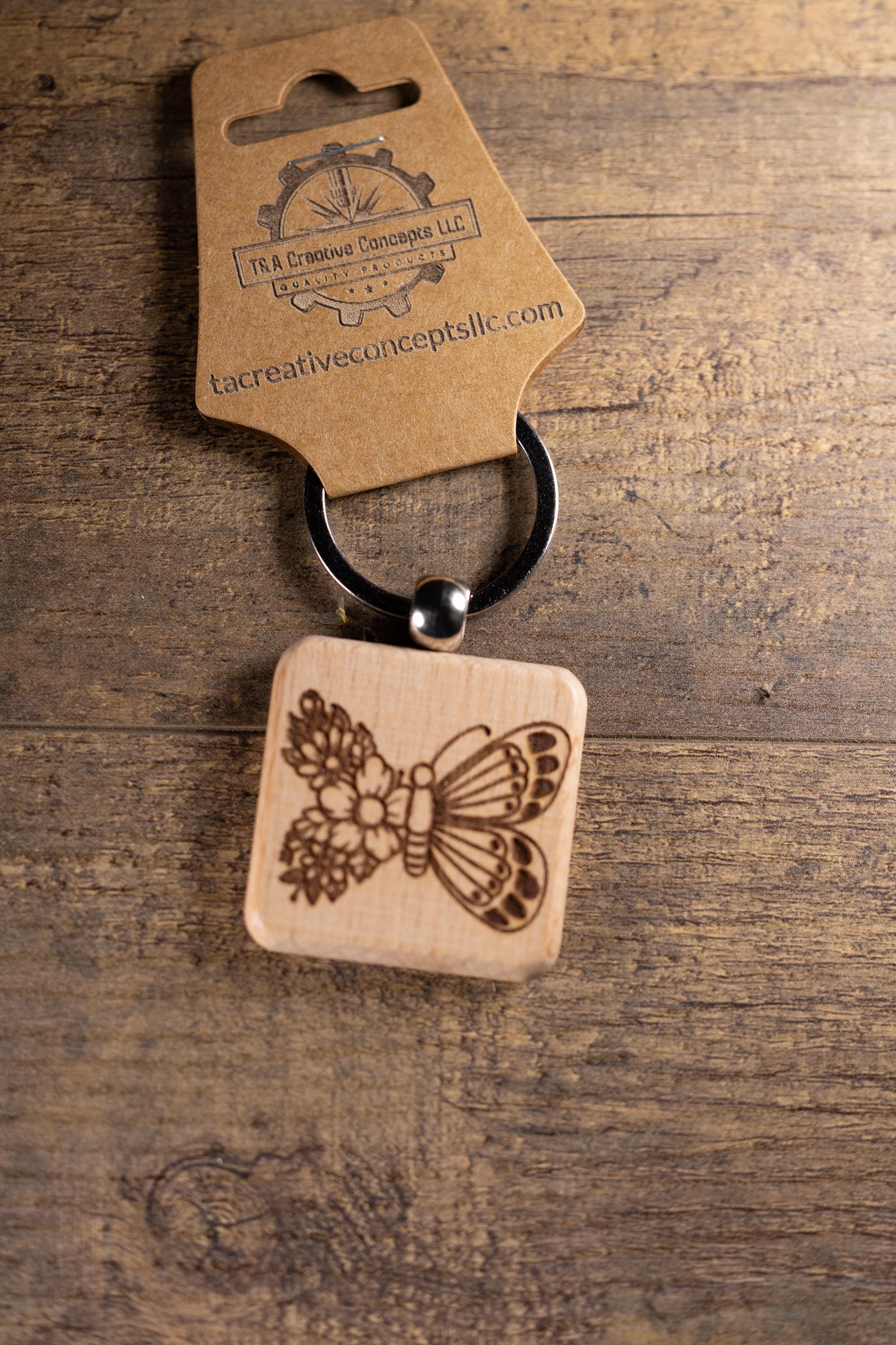 Laser Engraved Wood Floral Butterfly Keychain / Bag Charm – Hardwood with Stainless Hardware – Nature Lover Gift