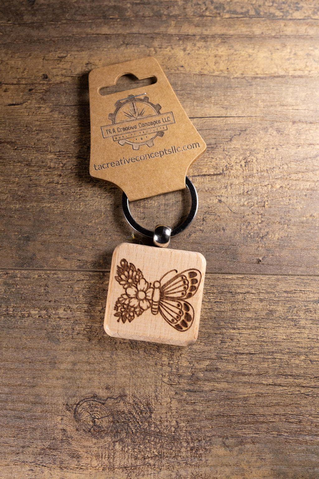 Laser Engraved Wood Floral Butterfly Keychain / Bag Charm – Hardwood with Stainless Hardware – Nature Lover Gift