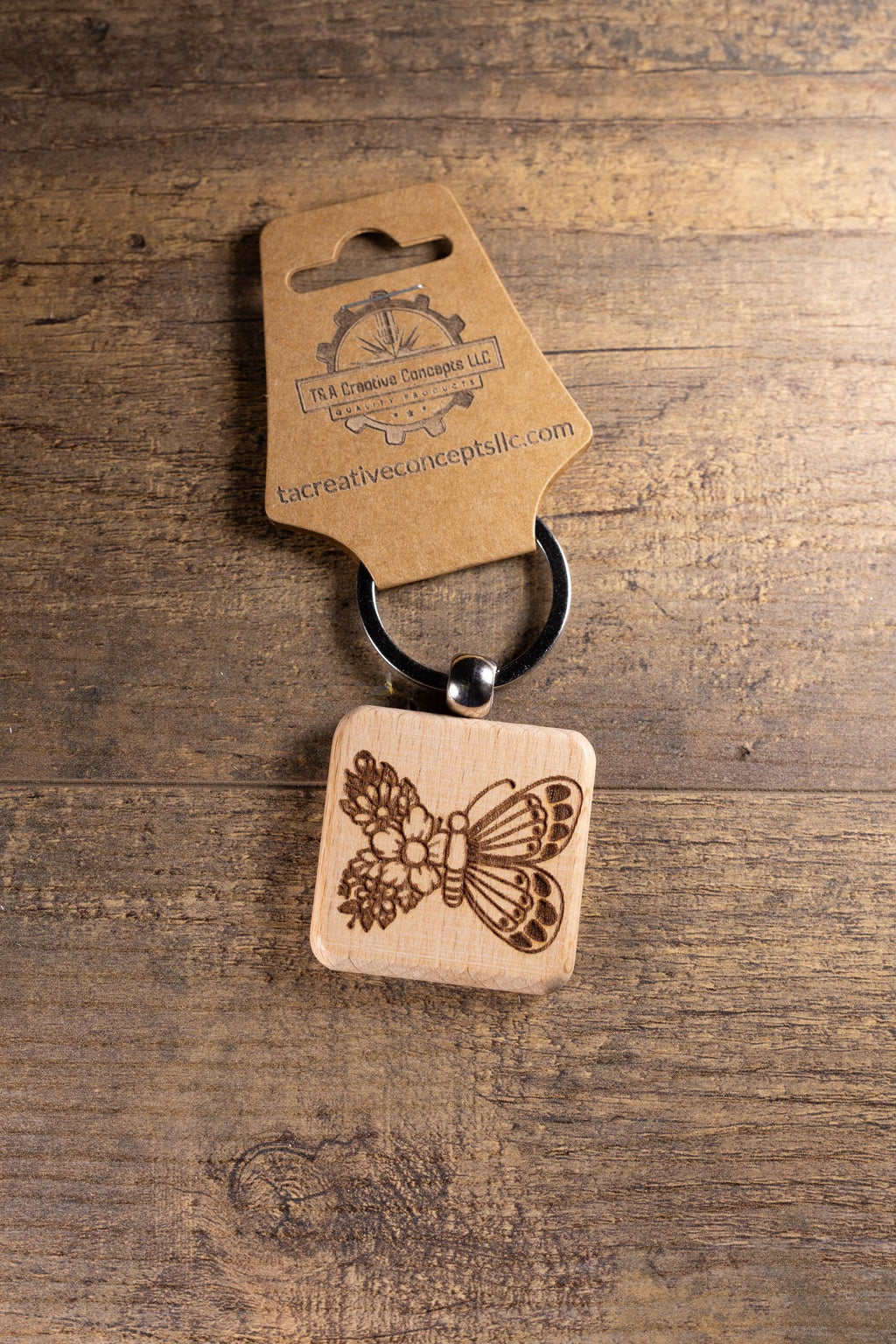 Laser Engraved Wood Floral Butterfly Keychain / Bag Charm – Hardwood with Stainless Hardware – Nature Lover Gift