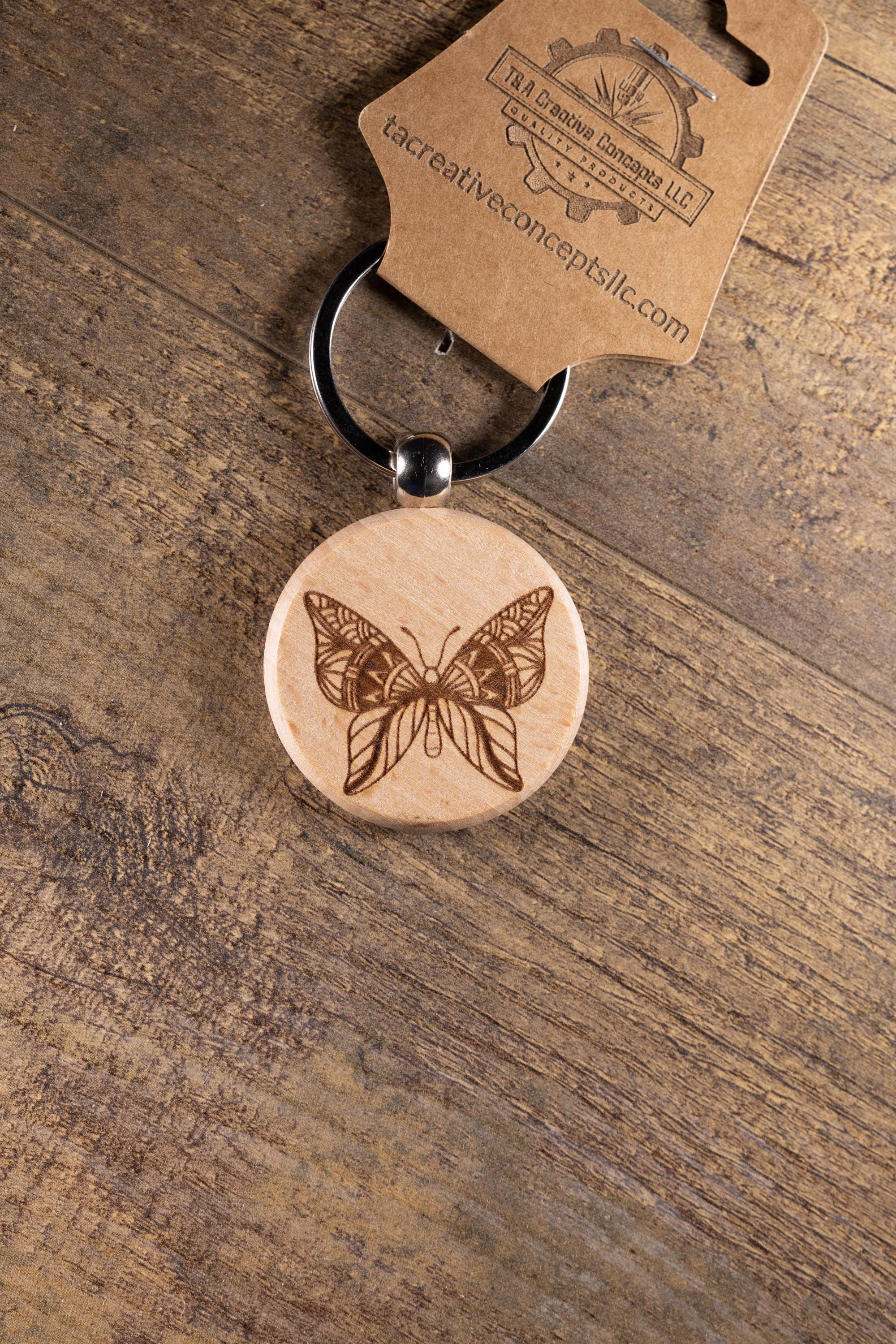 Laser Engraved Wood Butterfly Keychain / Bag Charm – Hardwood with Stainless Hardware – Nature Lover Gift