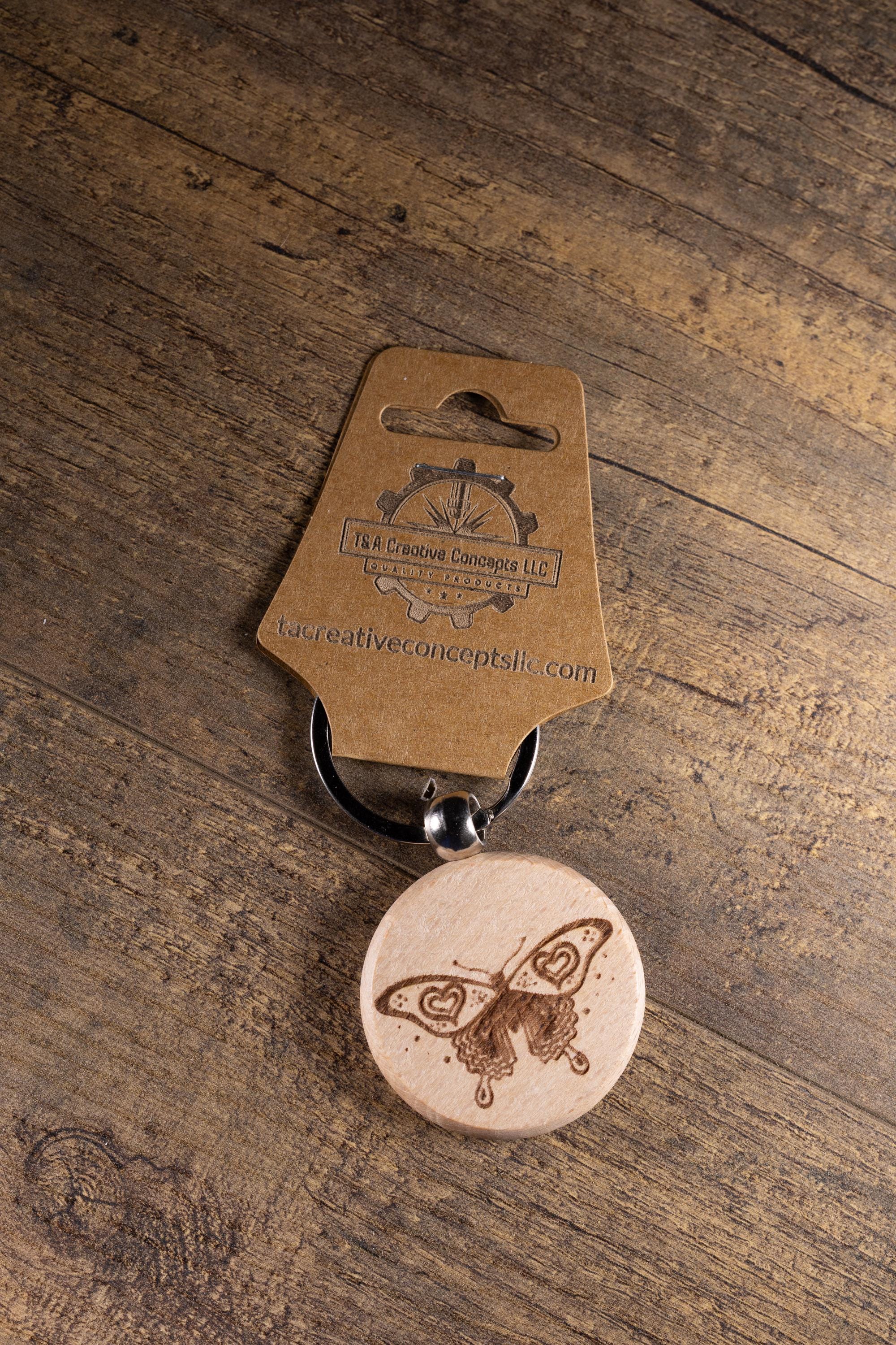 Laser Engraved Wood Butterfly Keychain / Bag Charm – Hardwood with Stainless Hardware – Nature Lover Gift