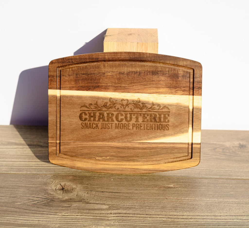 Laser engraved acacia wood charcuterie board - rustic serving tray (10"x12")