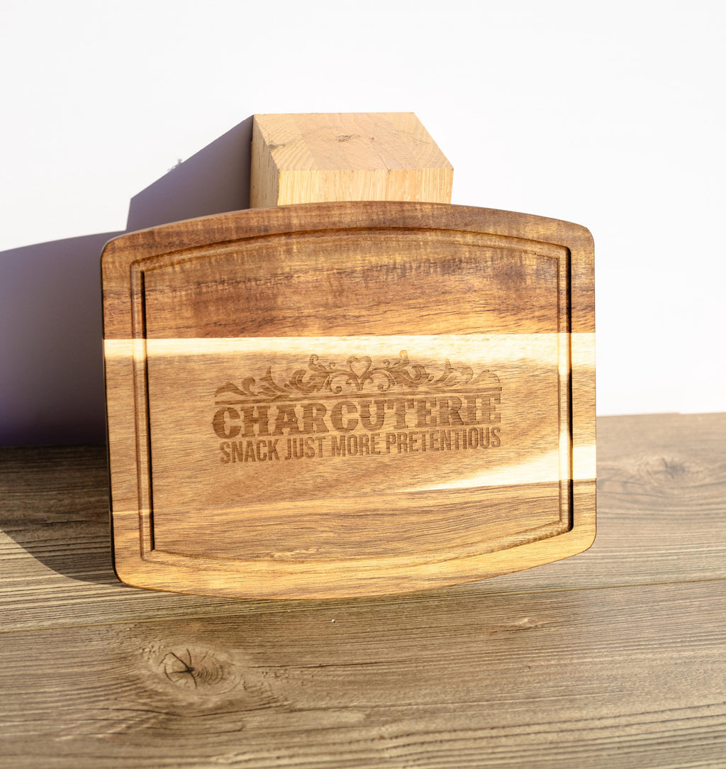Laser engraved acacia wood charcuterie board - rustic serving tray (10"x12")
