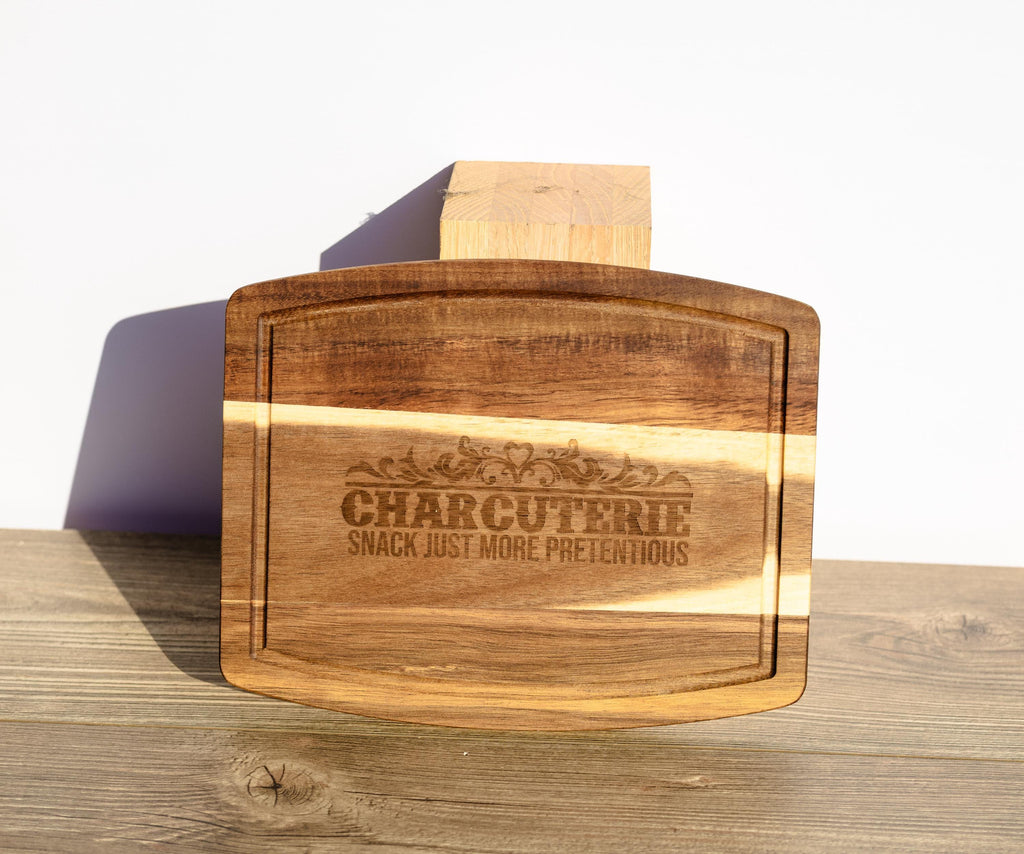 Laser engraved acacia wood charcuterie board - rustic serving tray (10"x12")
