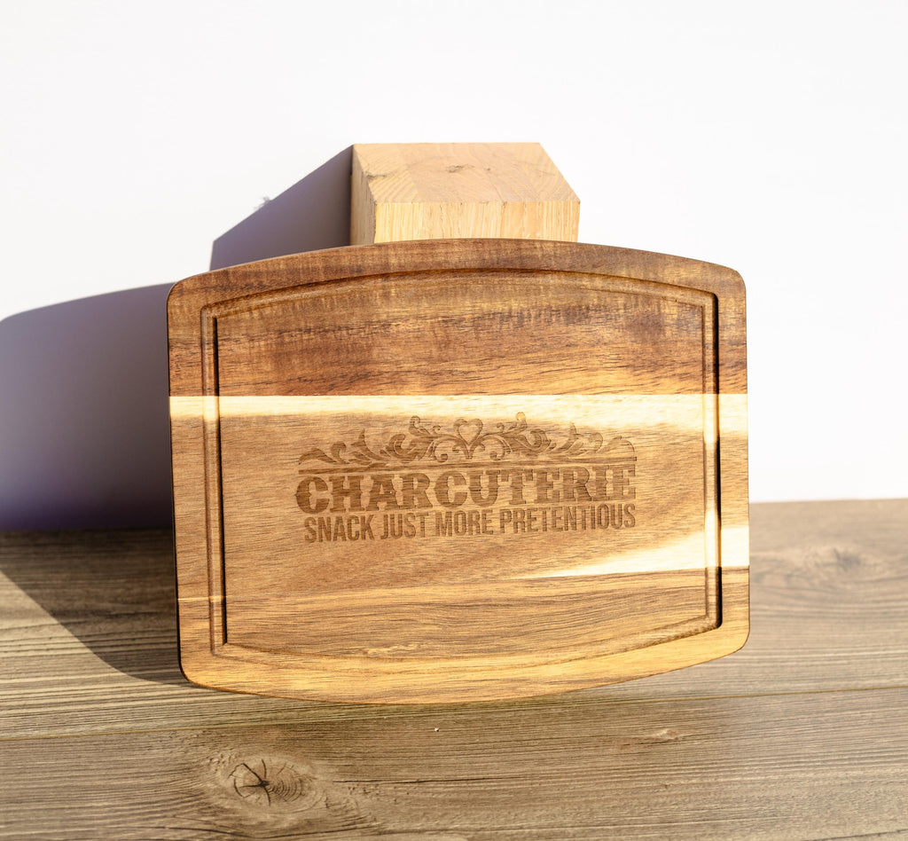 Laser engraved acacia wood charcuterie board - rustic serving tray (10"x12")