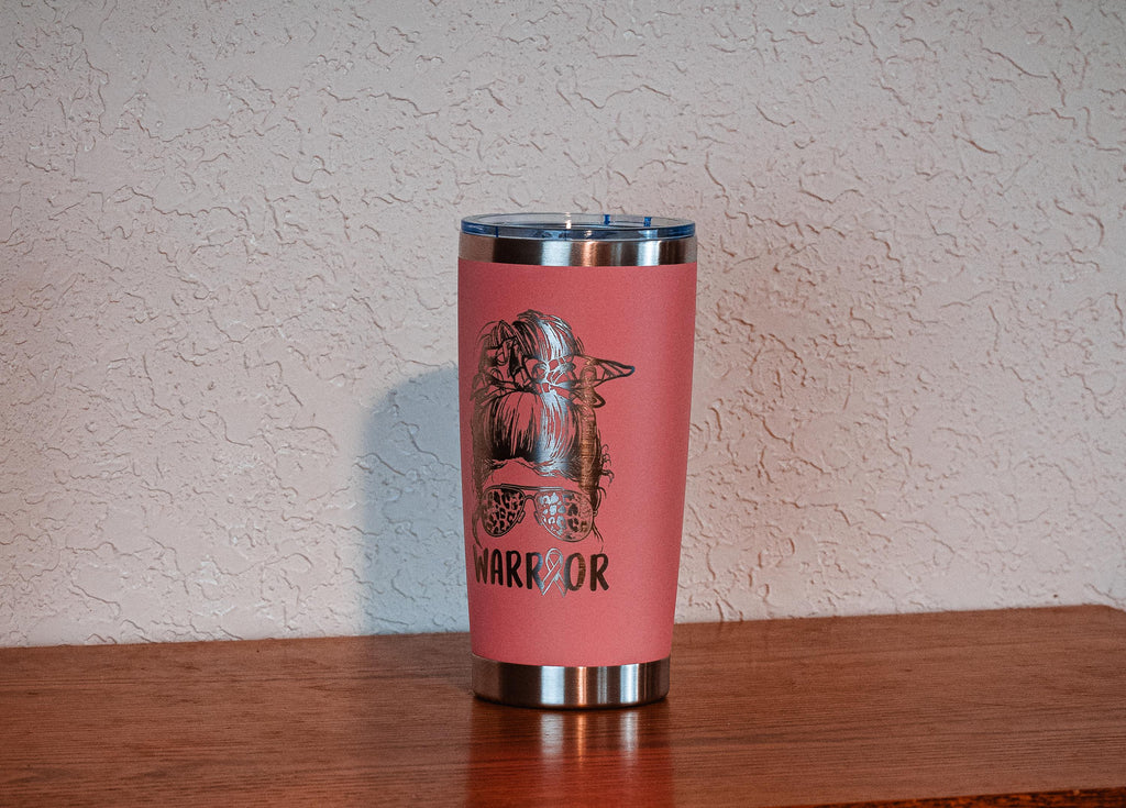 Pink “Warrior” 20oz Stainless Steel Tumbler – Breast Cancer Awareness – Five Dollar Donation to Susan G. Komen Foundation