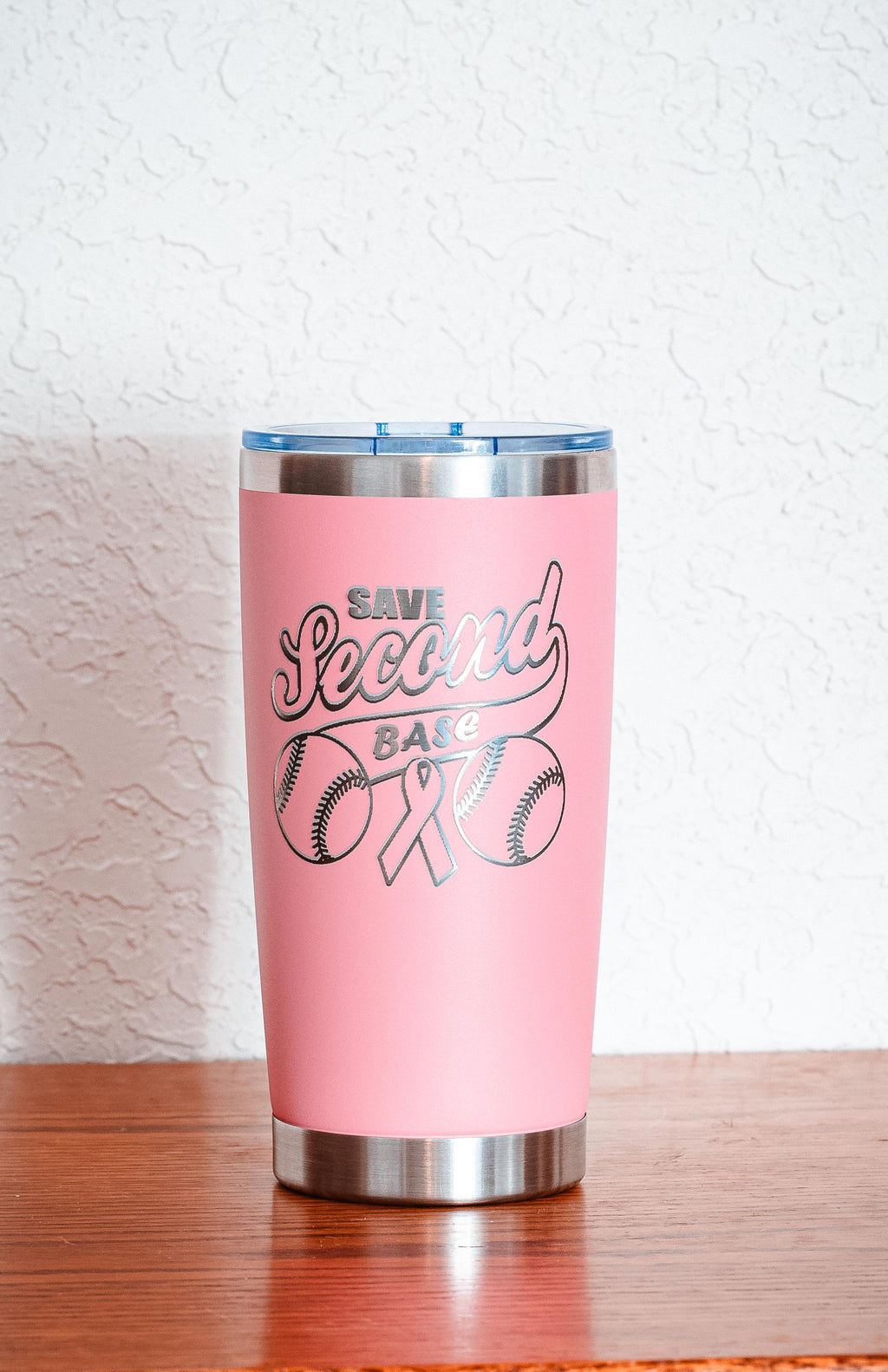 Pink “Save Second Base” 20oz Stainless Steel Tumbler – Breast Cancer Awareness – Five Dollar Donation to Susan G. Komen Foundation