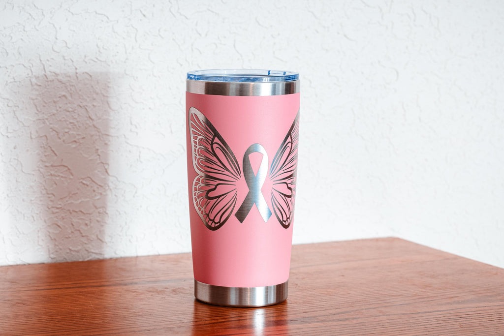 Pink Ribbon Butterfly 20oz Stainless Steel Tumbler – Breast Cancer Awareness – Five Dollar Donation to Susan G. Komen Foundation