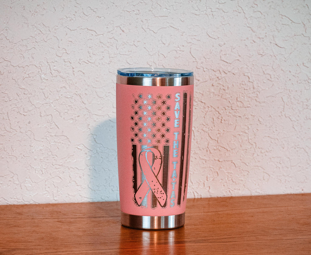 Pink “Save The Tatas” 20oz Stainless Steel Tumbler – Breast Cancer Awareness – Five Dollar Donation to Susan G. Komen Foundation