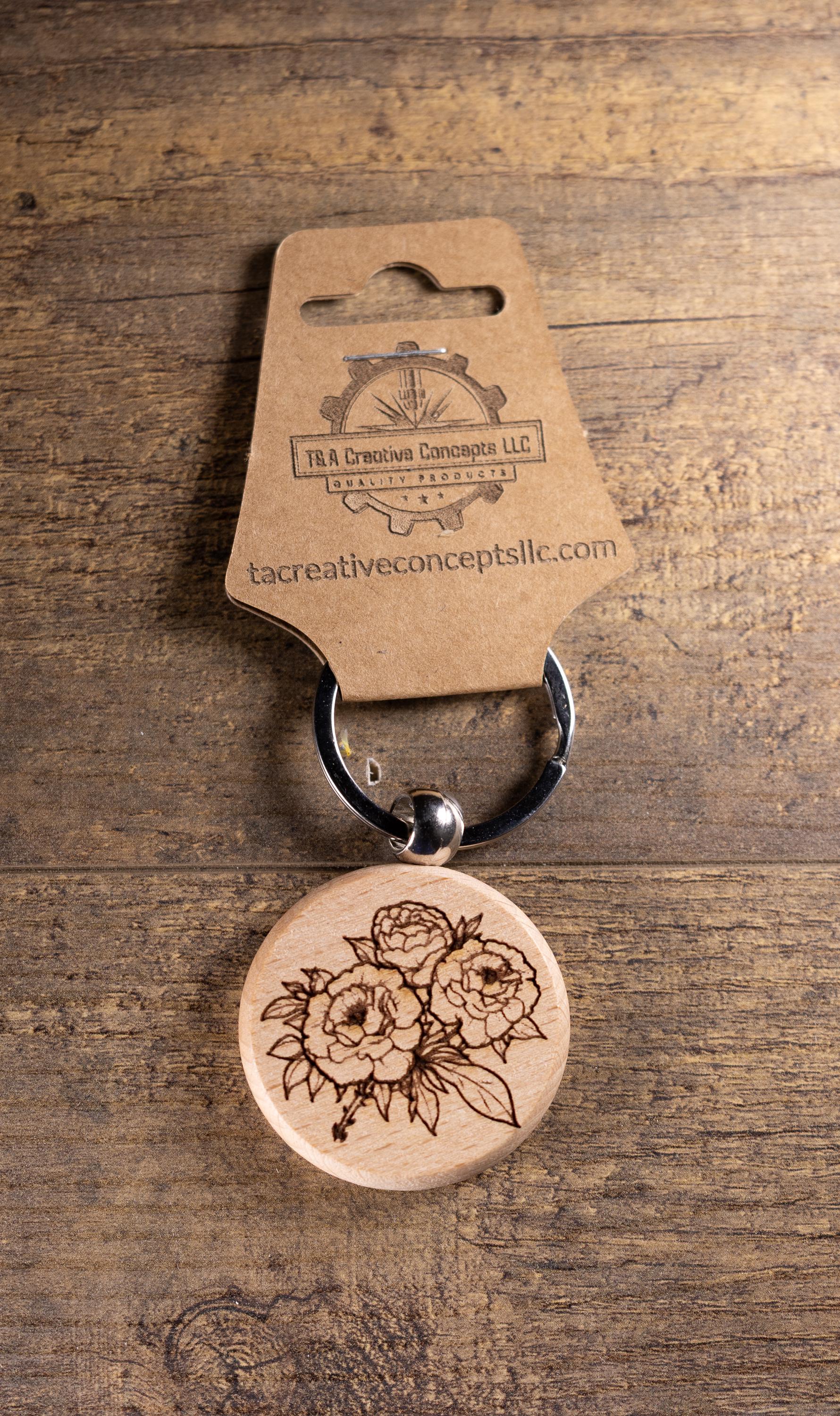 Laser Engraved Wood Peony Bunch Keychain / Bag Charm – Hardwood with Stainless Hardware – Flower Lover Gift
