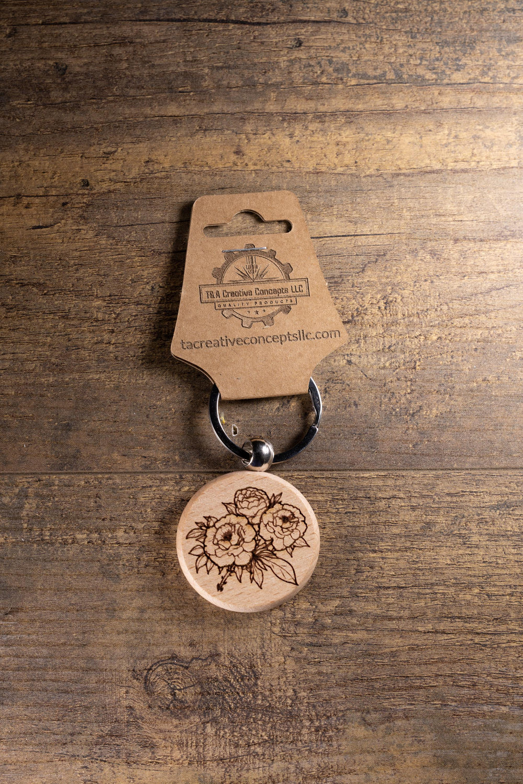 Laser Engraved Wood Peony Bunch Keychain / Bag Charm – Hardwood with Stainless Hardware – Flower Lover Gift
