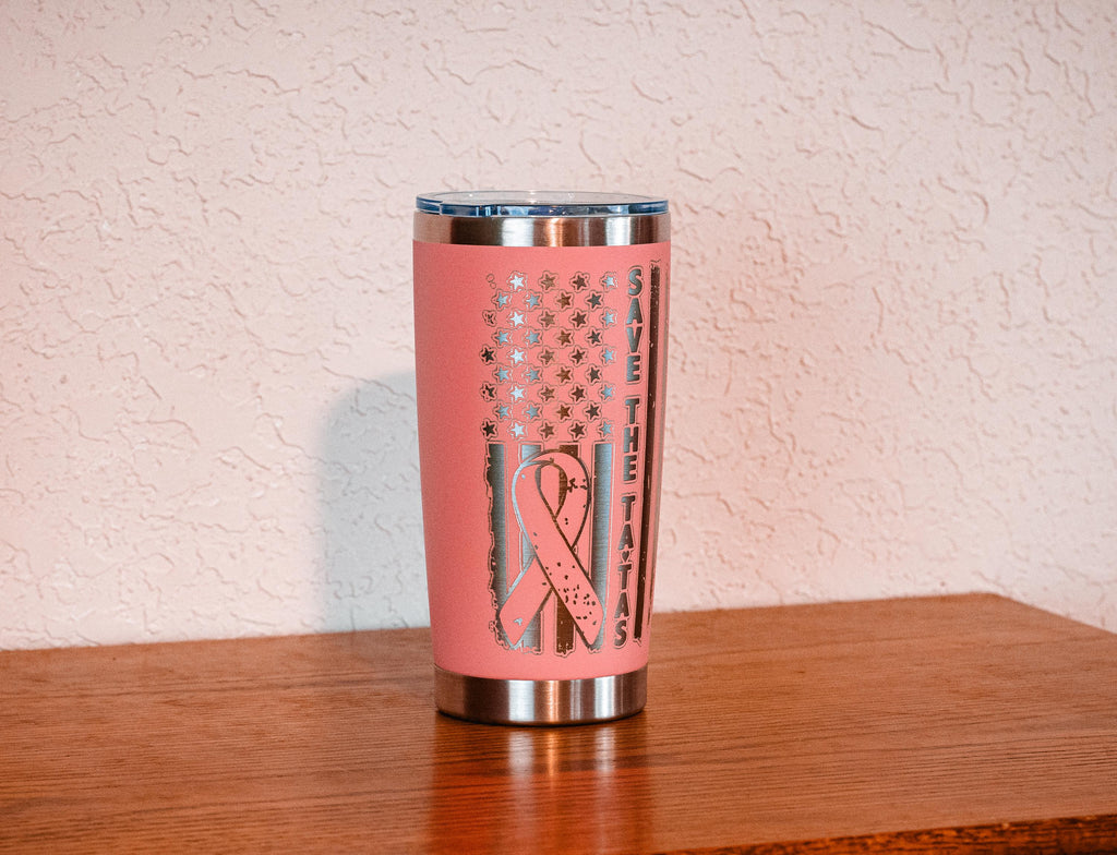 Pink “Save The Tatas” 20oz Stainless Steel Tumbler – Breast Cancer Awareness – Five Dollar Donation to Susan G. Komen Foundation