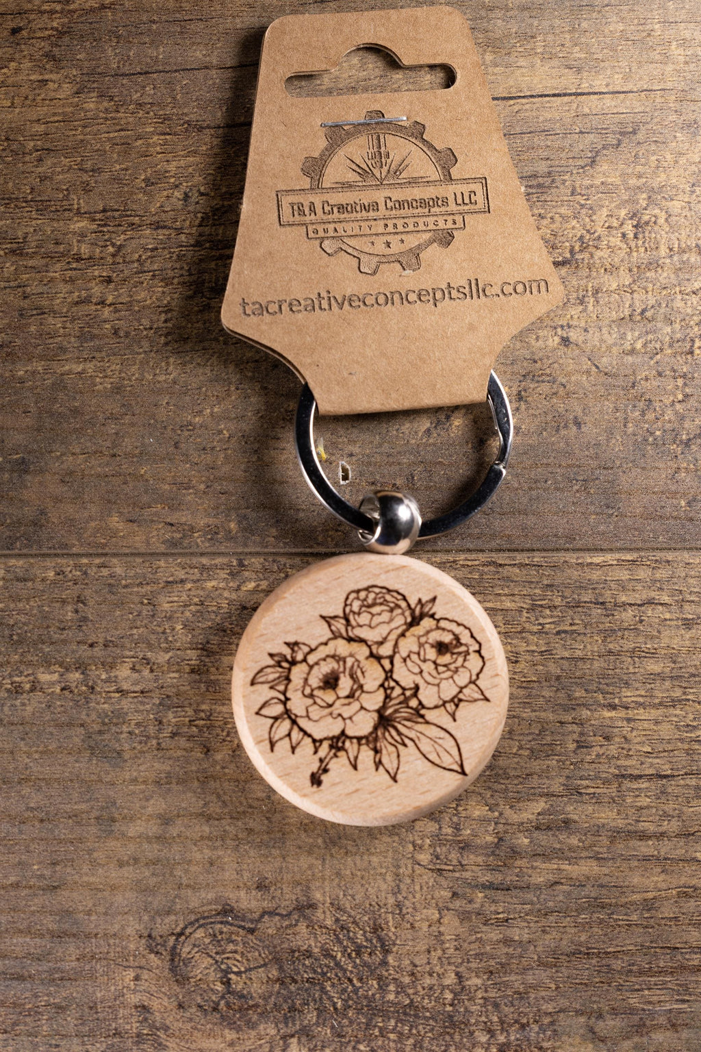 Laser Engraved Wood Peony Bunch Keychain / Bag Charm – Hardwood with Stainless Hardware – Flower Lover Gift