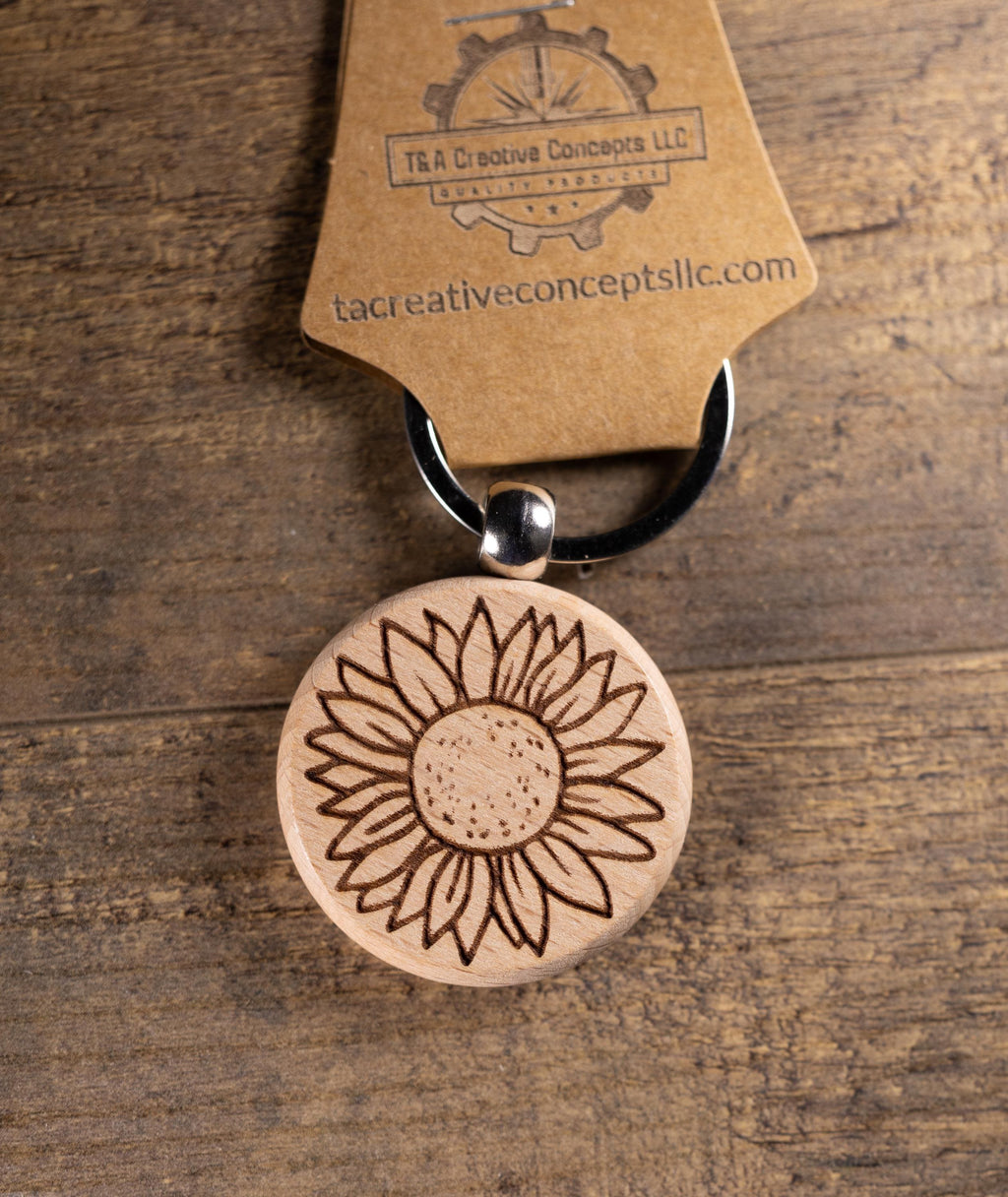 Laser Engraved Wood Sunflower Keychain / Bag Charm – Hardwood with Stainless Hardware – Flower Lover Gift