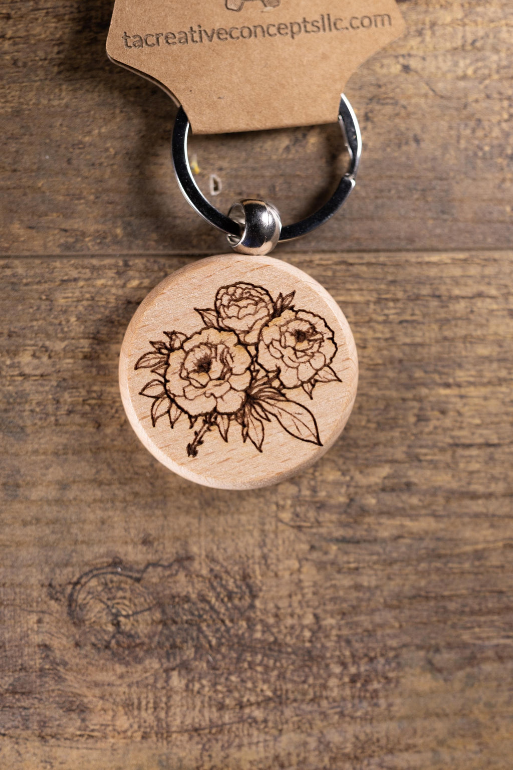 Laser Engraved Wood Peony Bunch Keychain / Bag Charm – Hardwood with Stainless Hardware – Flower Lover Gift