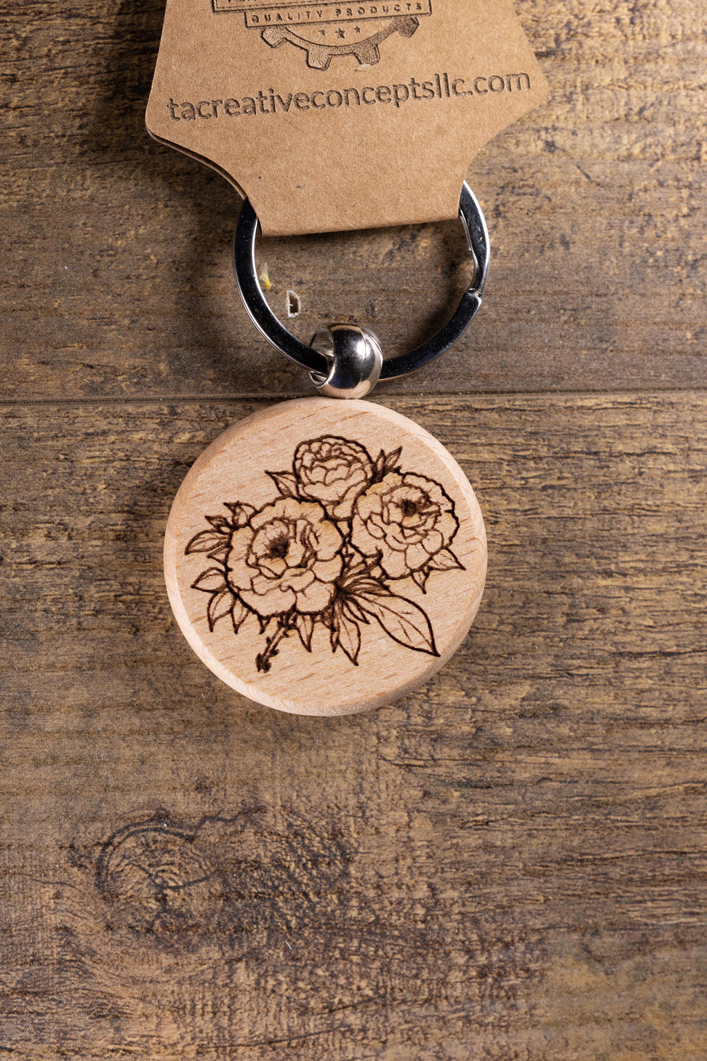 Laser Engraved Wood Peony Bunch Keychain / Bag Charm – Hardwood with Stainless Hardware – Flower Lover Gift