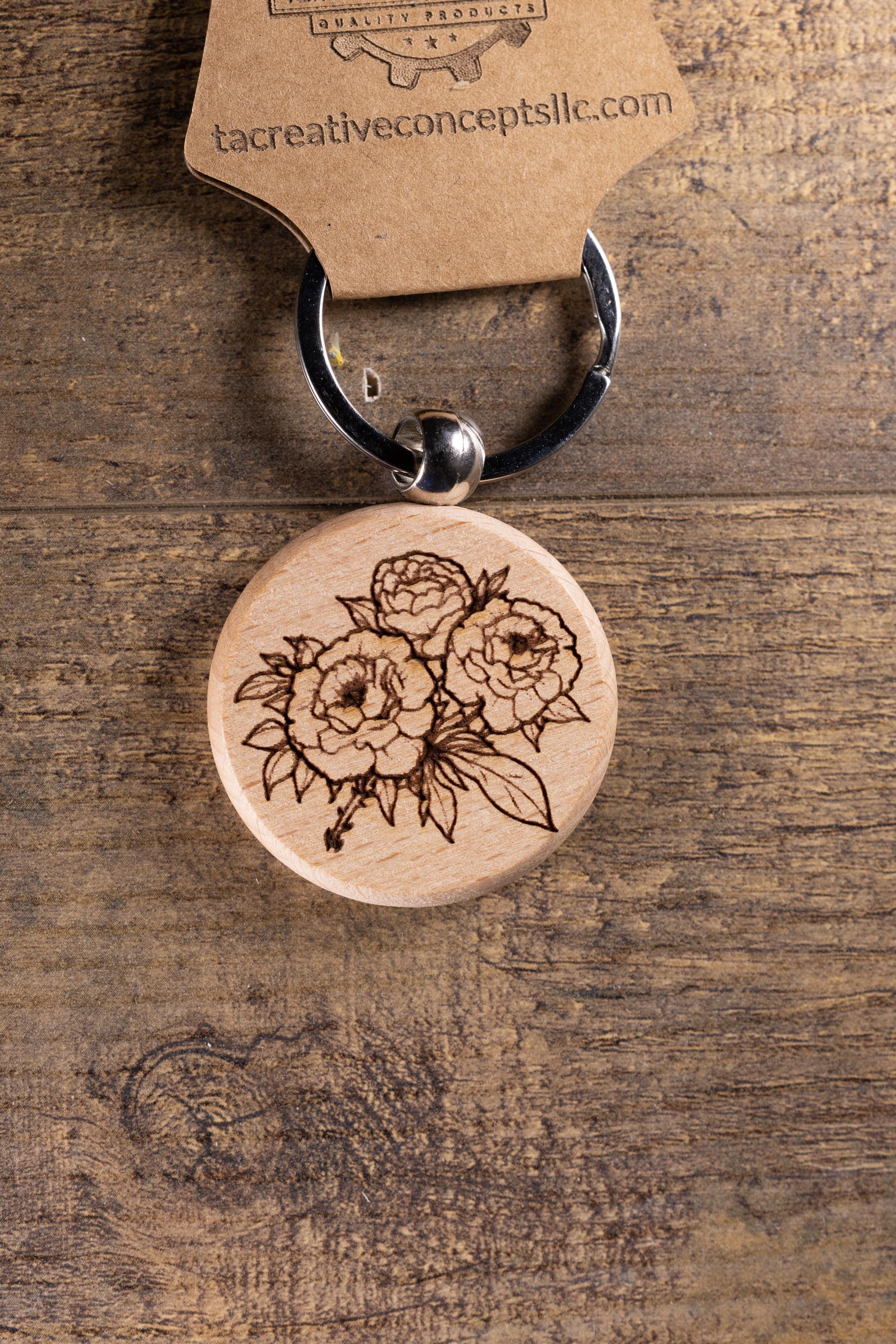 Laser Engraved Wood Peony Bunch Keychain / Bag Charm – Hardwood with Stainless Hardware – Flower Lover Gift