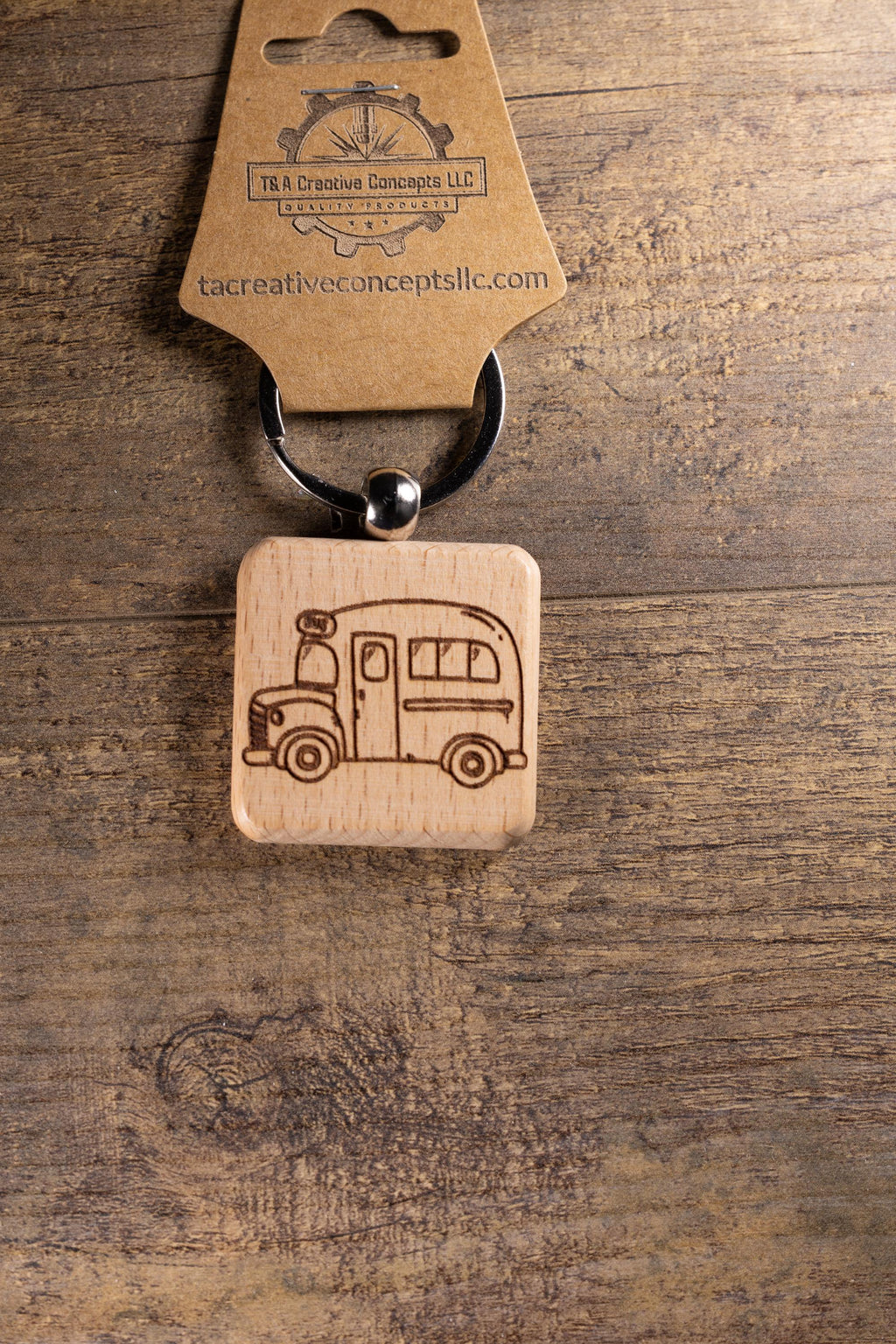 Laser Engraved Wood School Bus Keychain / Bag Charm – Hardwood with Stainless Hardware – Teacher or Driver Gift