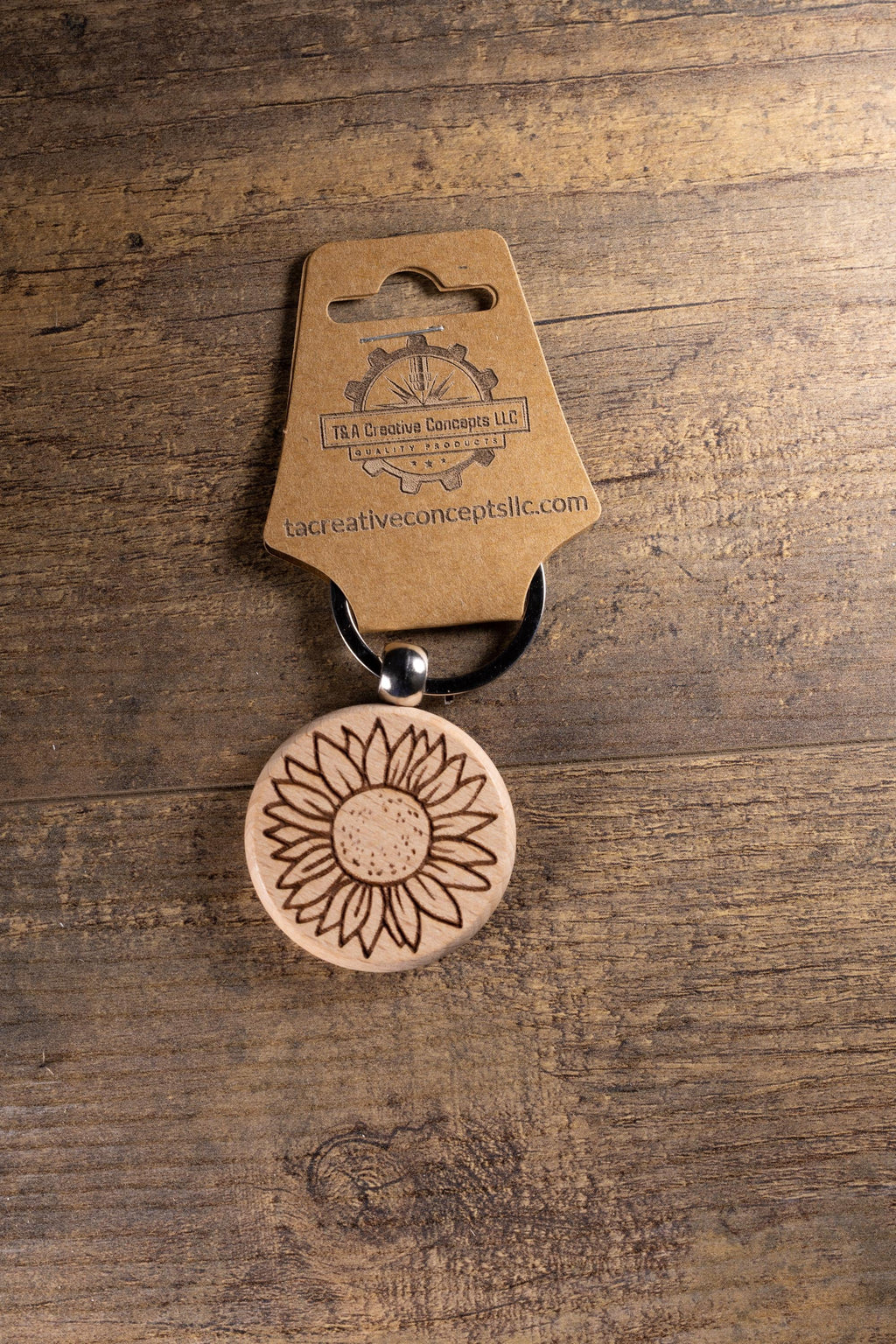 Laser Engraved Wood Sunflower Keychain / Bag Charm – Hardwood with Stainless Hardware – Flower Lover Gift