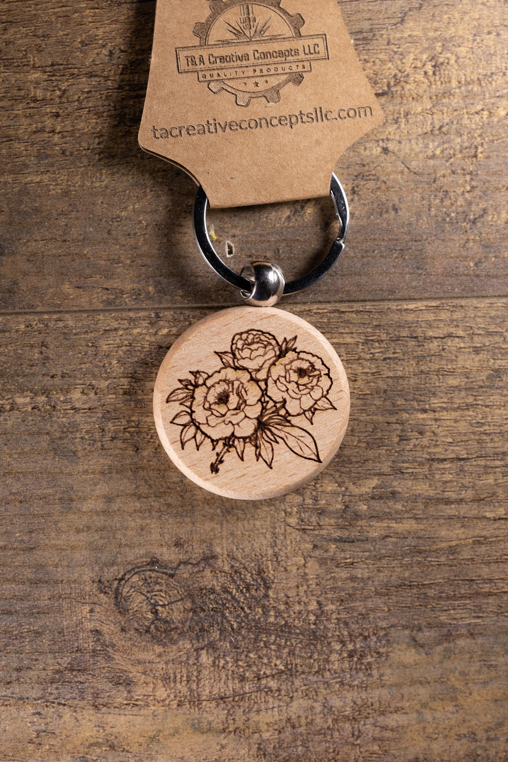 Laser Engraved Wood Peony Bunch Keychain / Bag Charm – Hardwood with Stainless Hardware – Flower Lover Gift