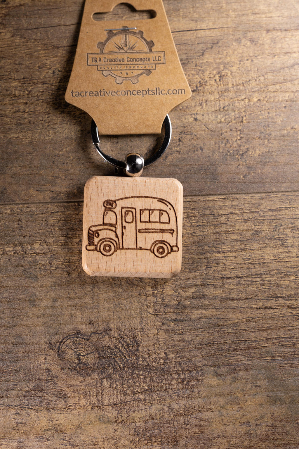 Laser Engraved Wood School Bus Keychain / Bag Charm – Hardwood with Stainless Hardware – Teacher or Driver Gift