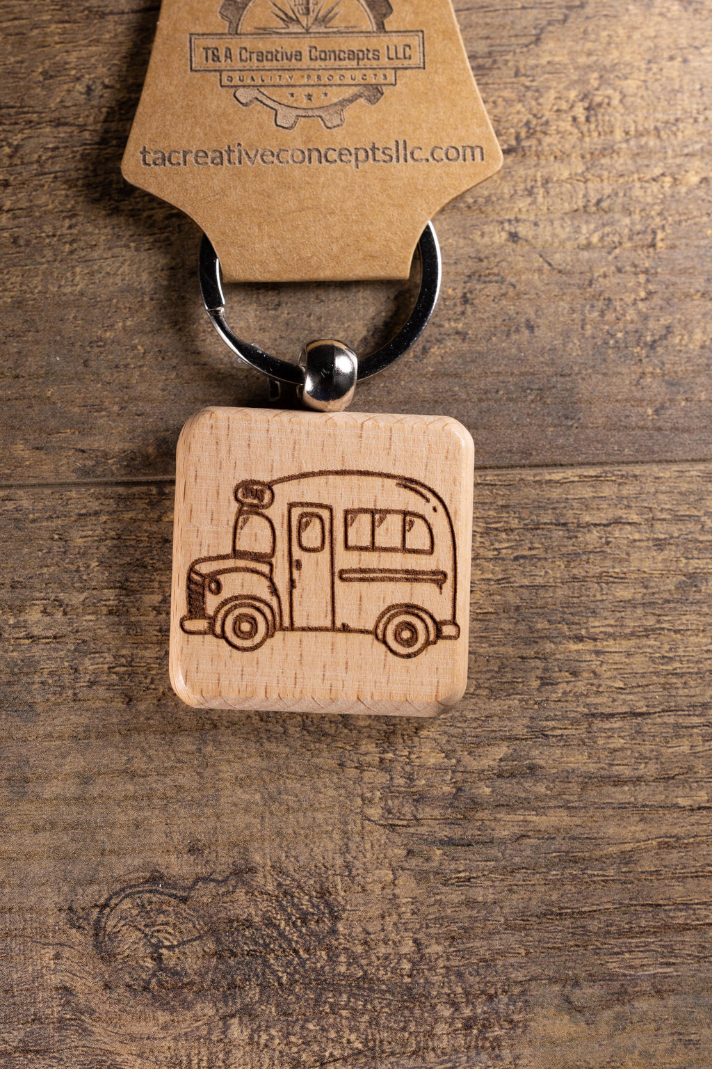 Laser Engraved Wood School Bus Keychain / Bag Charm – Hardwood with Stainless Hardware – Teacher or Driver Gift